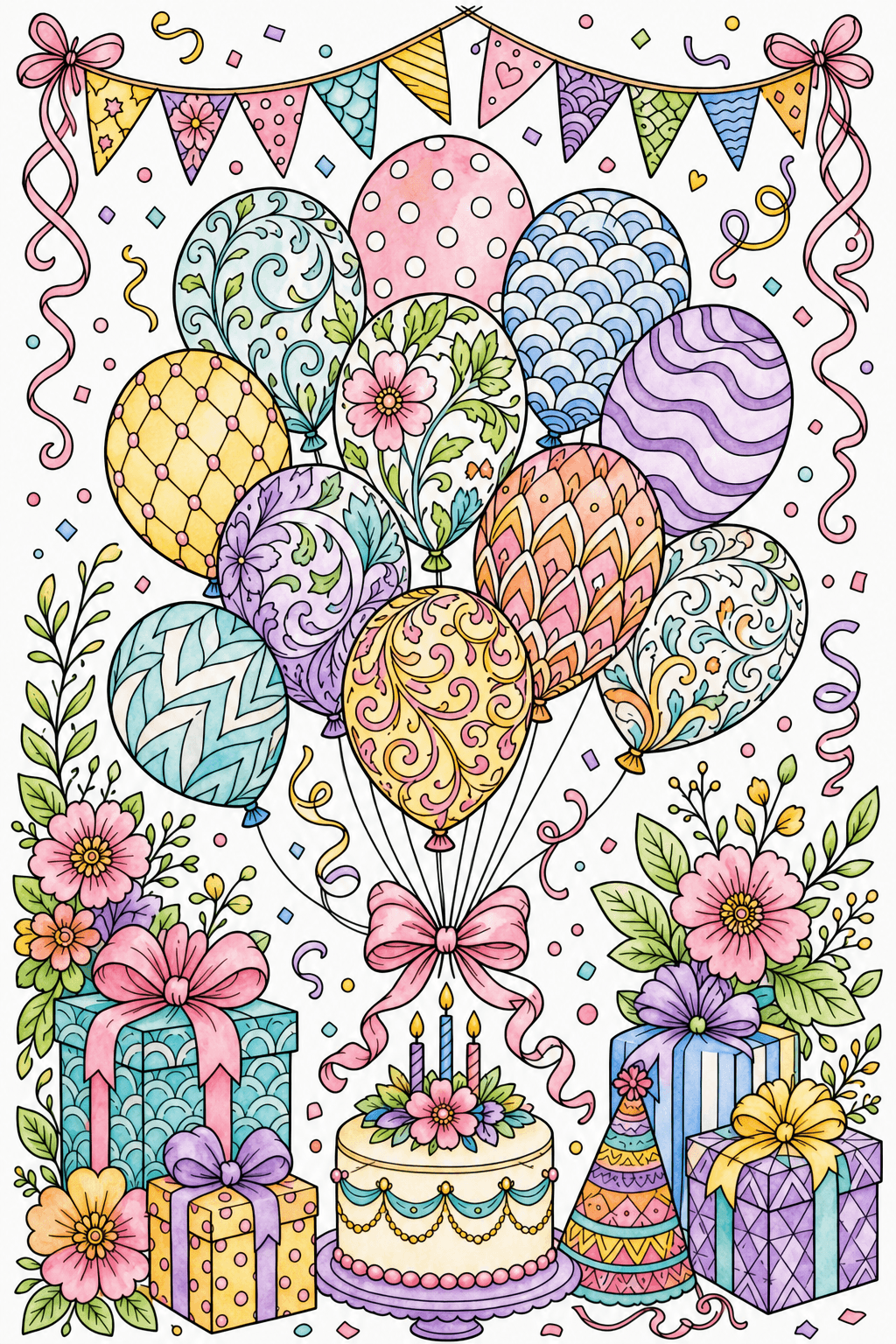 Adult Birthday Detailed Balloons watercolor colorized preview