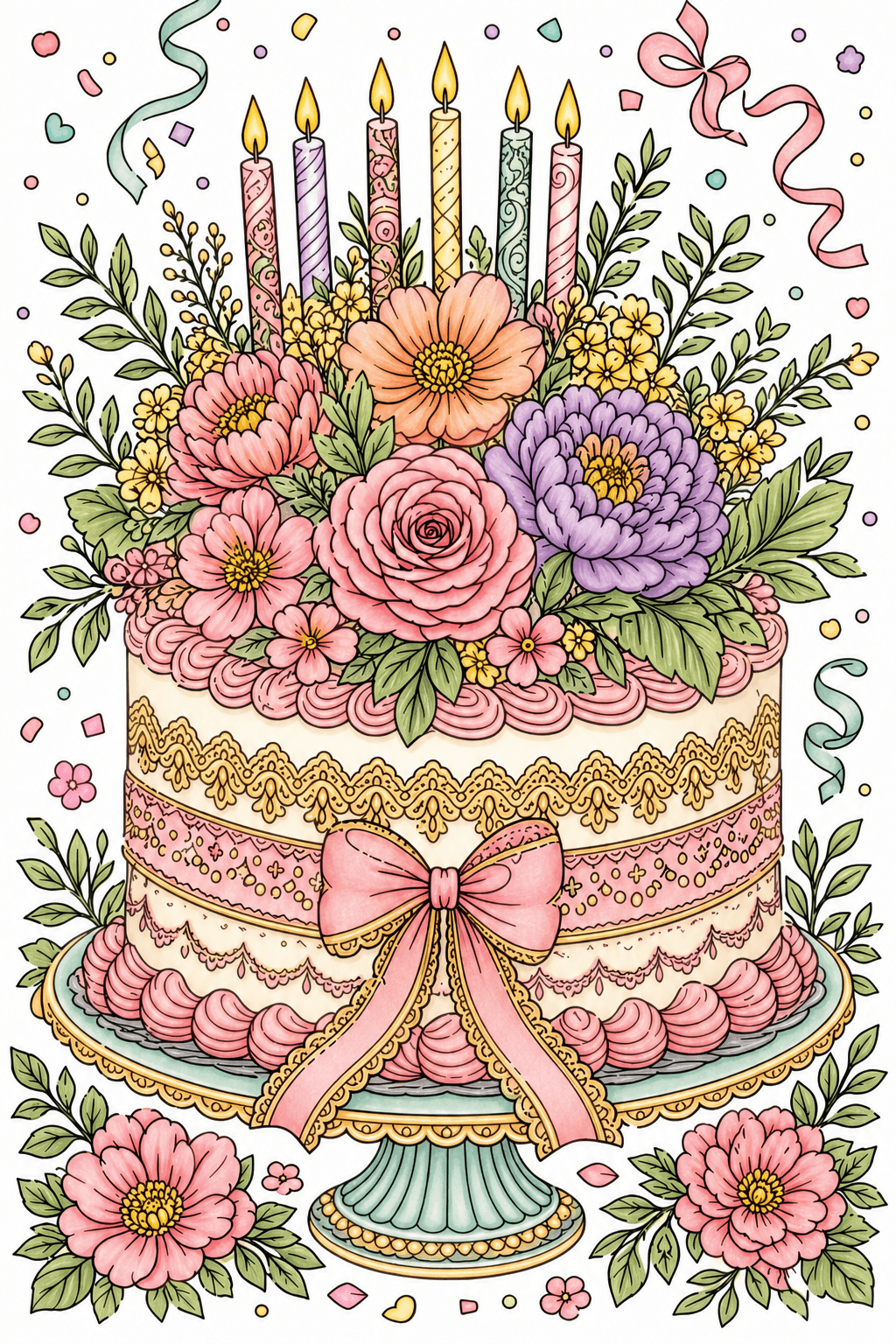 Adult Birthday Floral Bouquet Cake storybook colorized preview