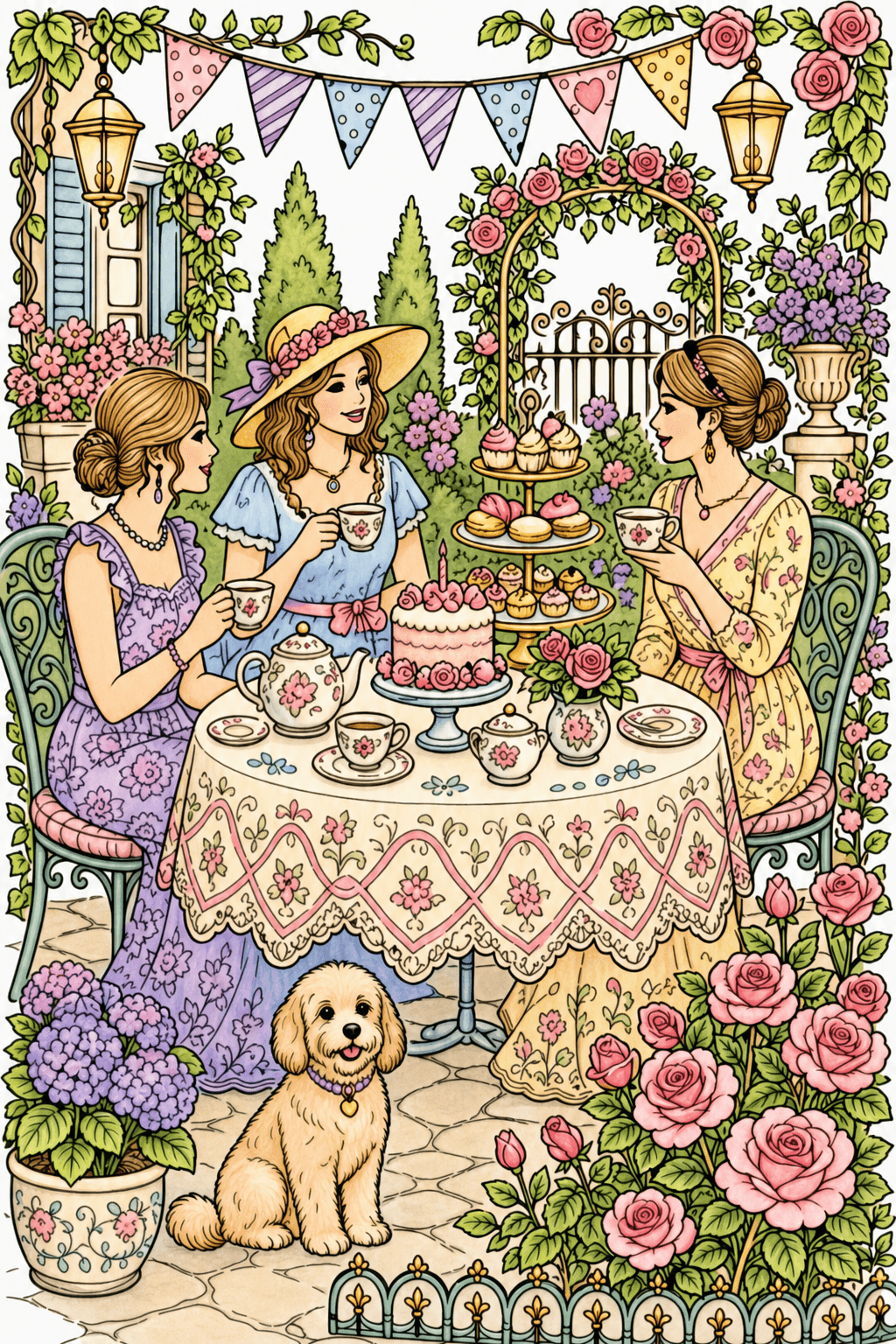 Adult Birthday Garden Tea Party storybook colorized preview