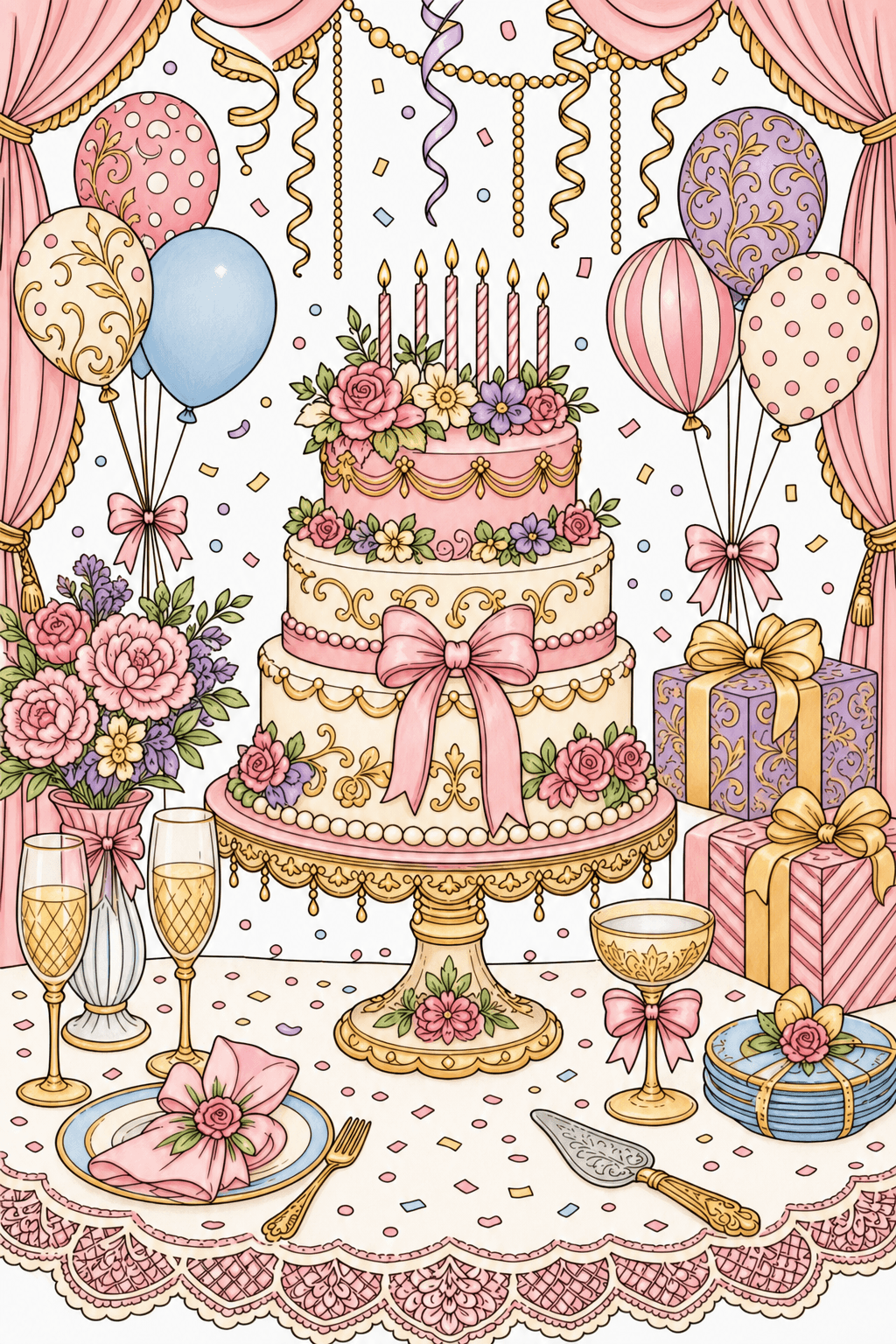 Adult Birthday Ornate Cake Table storybook colorized preview