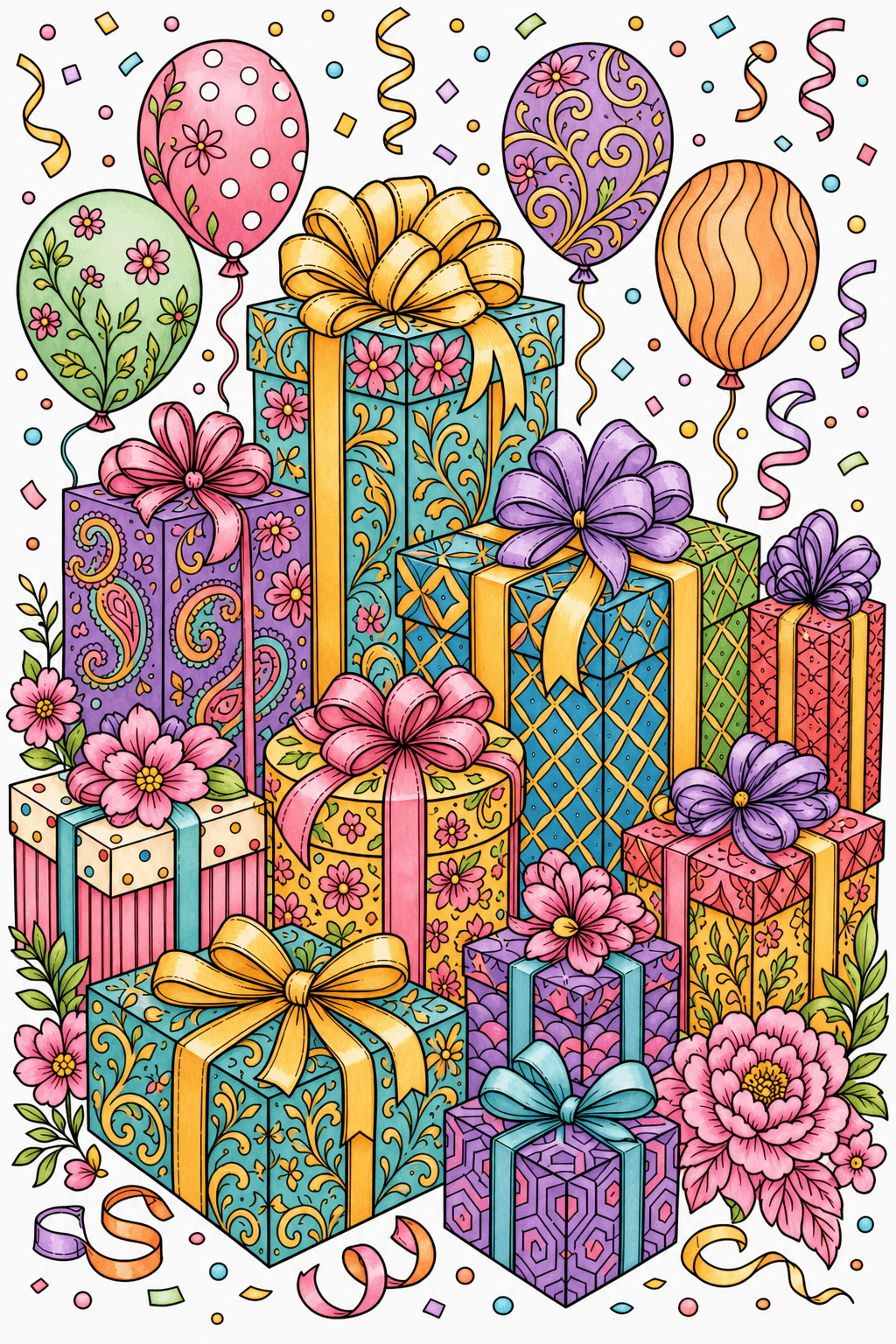 Adult Birthday Wrapped Presents storybook colorized preview
