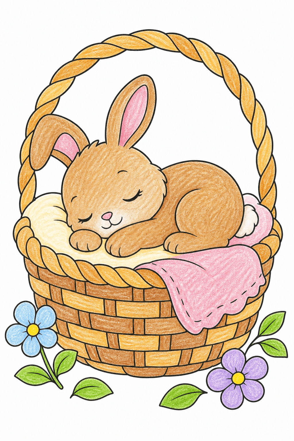 Sleeping Baby Bunny in a Woven Basket crayon colorized preview