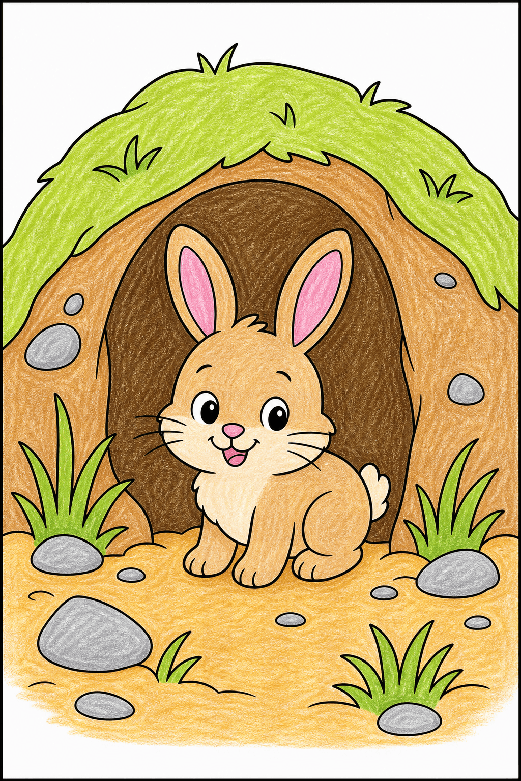 Baby Bunny at a Grassy Burrow crayon colorized preview