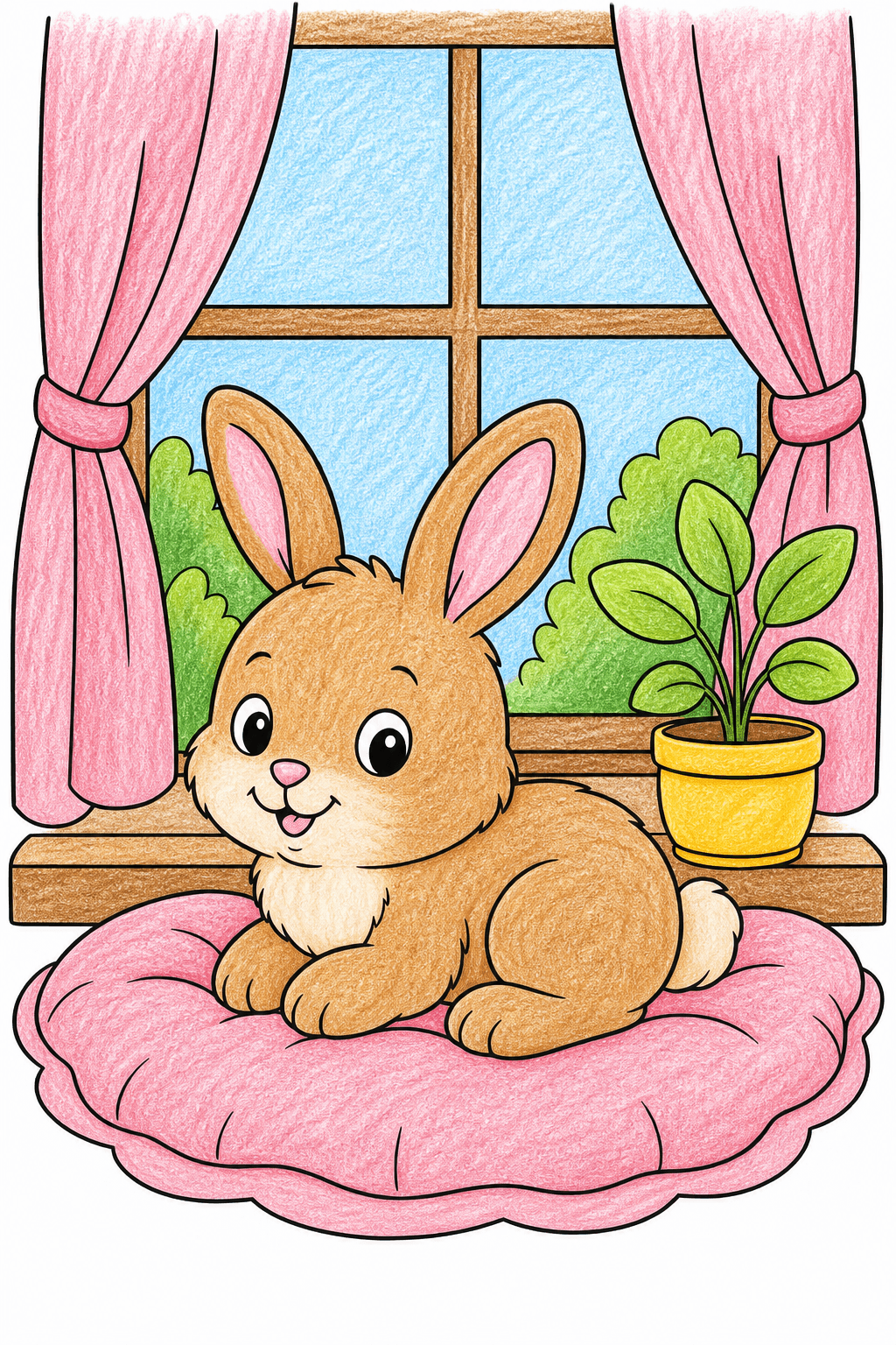 Baby Bunny Resting by a Cozy Window crayon colorized preview