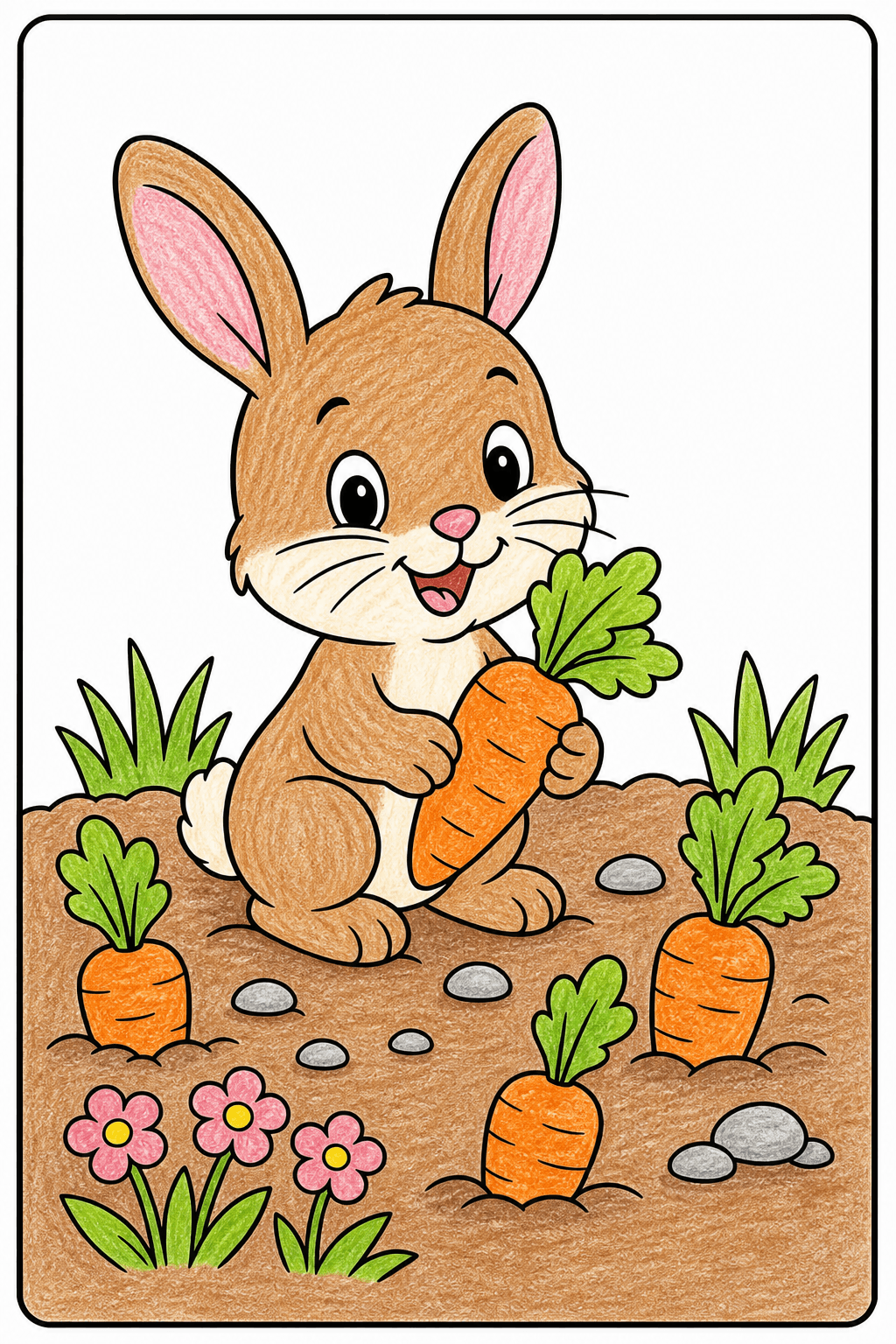 Baby Bunny Holding a Carrot in the Garden crayon colorized preview
