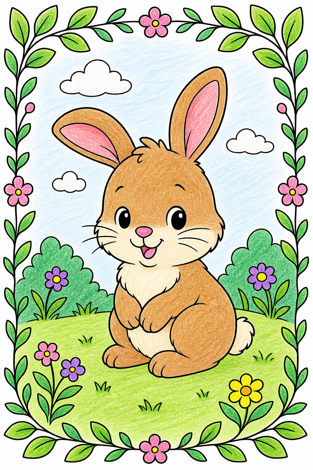 Baby Bunny Framed by Leaves and Flowers crayon colorized preview