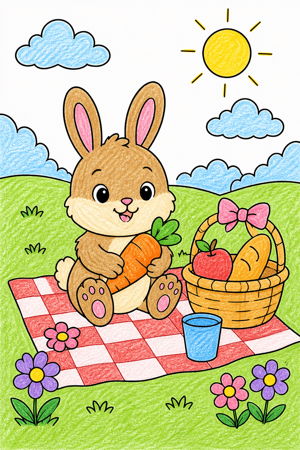 Baby Bunny Enjoying a Picnic crayon colorized preview