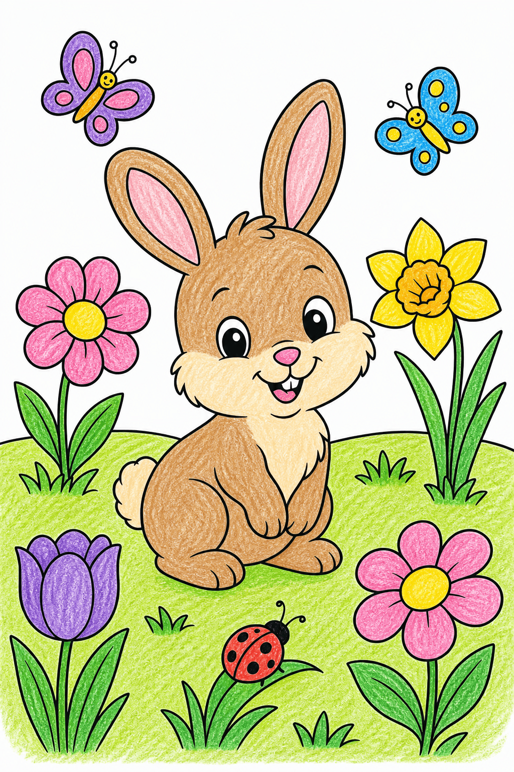 Baby Bunny in a Spring Flower Field crayon colorized preview