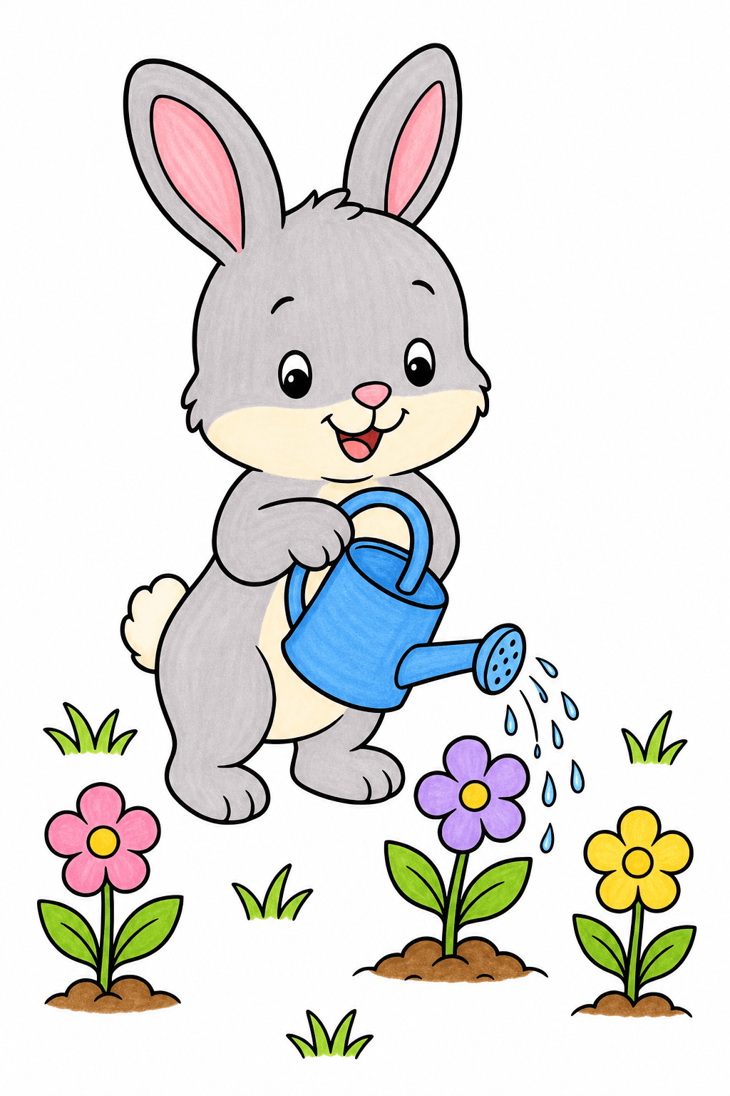 Baby Bunny Watering Garden Flowers marker colorized preview