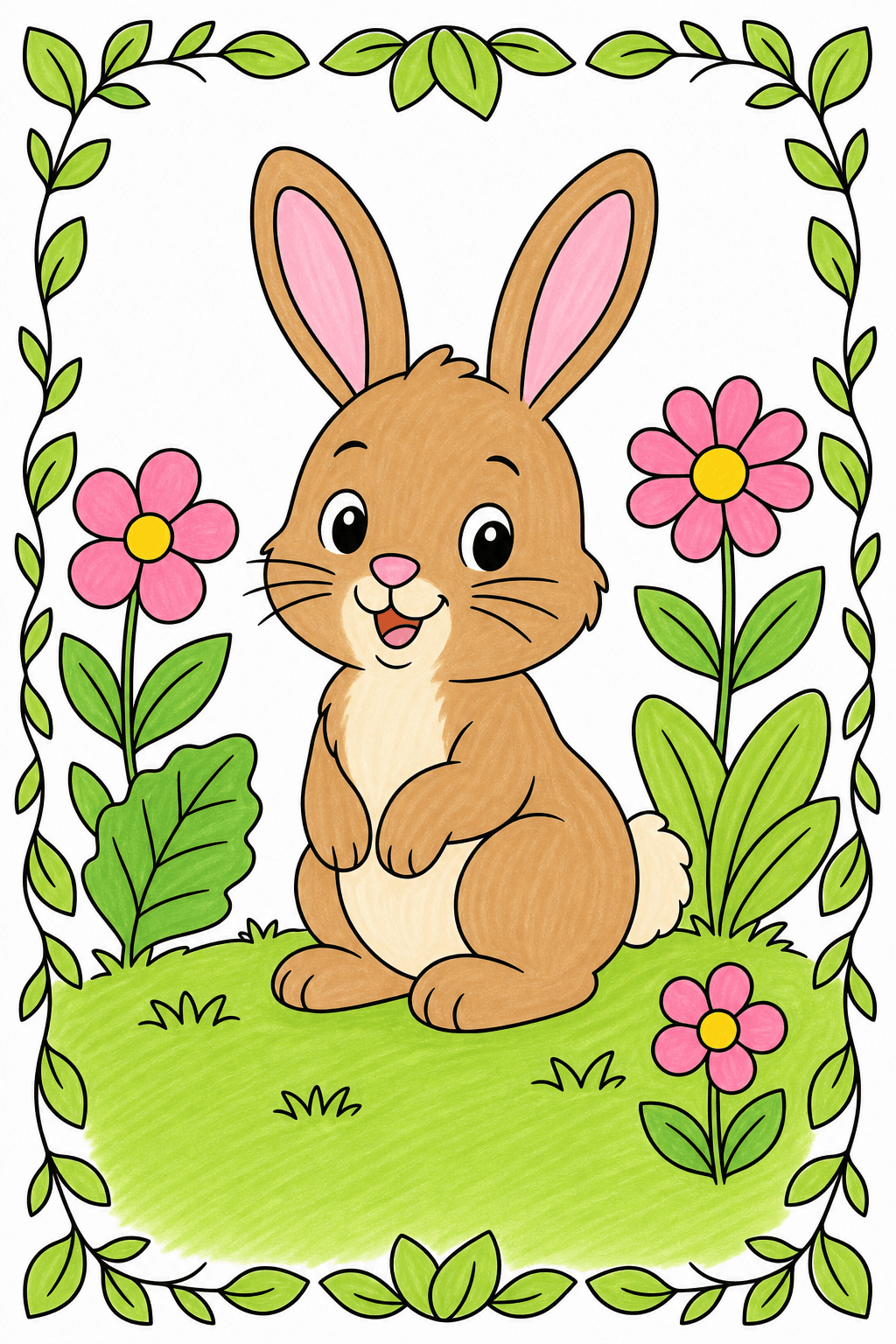 Bunny Framed by Garden Leaves and Flowers marker colorized preview