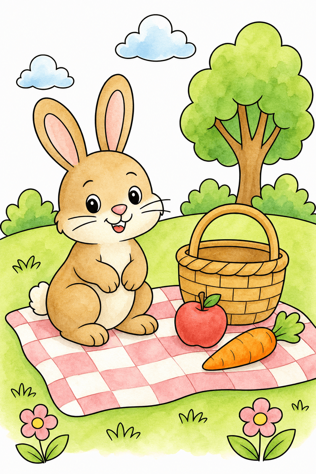 Bunny Picnic on a Checkered Blanket watercolor colorized preview