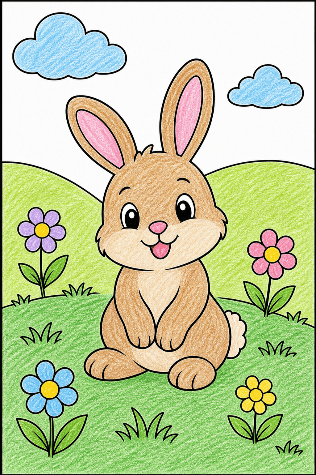 Bunny in Flower Field with Hills crayon colorized preview