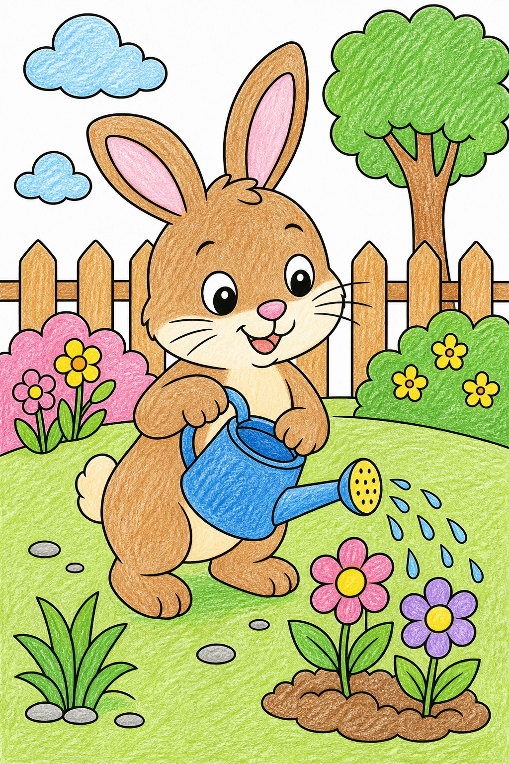 Bunny Watering Flowers by a Picket Fence crayon colorized preview