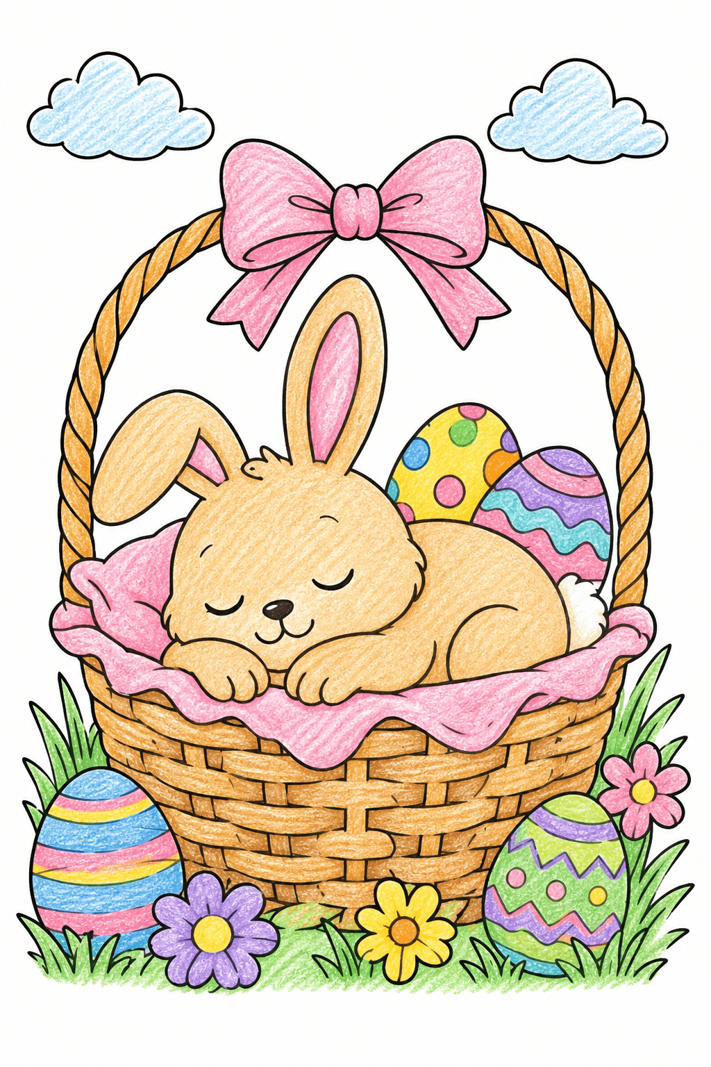 Sleeping Easter Bunny in a Bow-Topped Basket crayon colorized preview