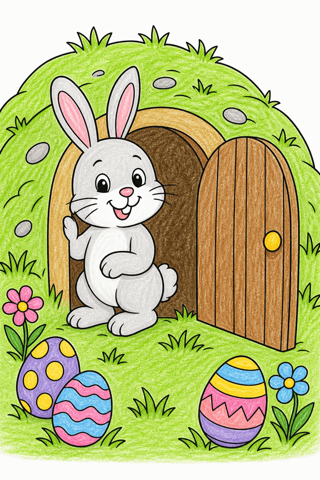 Easter Bunny at a Burrow Doorway crayon colorized preview