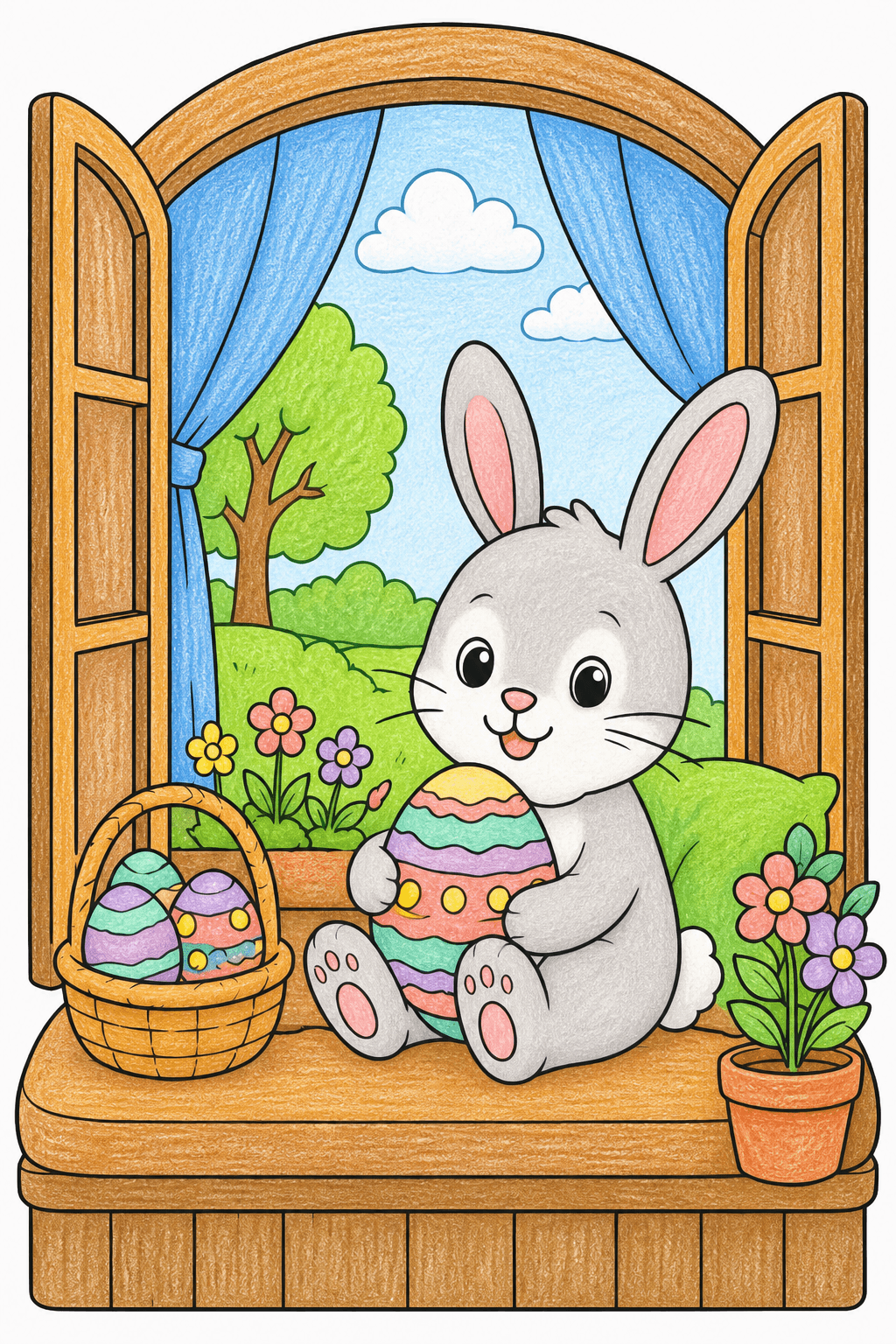 Easter Bunny on an Open Windowsill crayon colorized preview