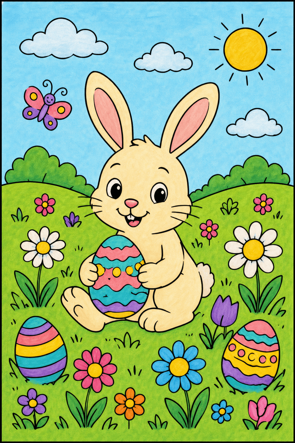 Easter Bunny with Eggs in a Flower Meadow marker colorized preview