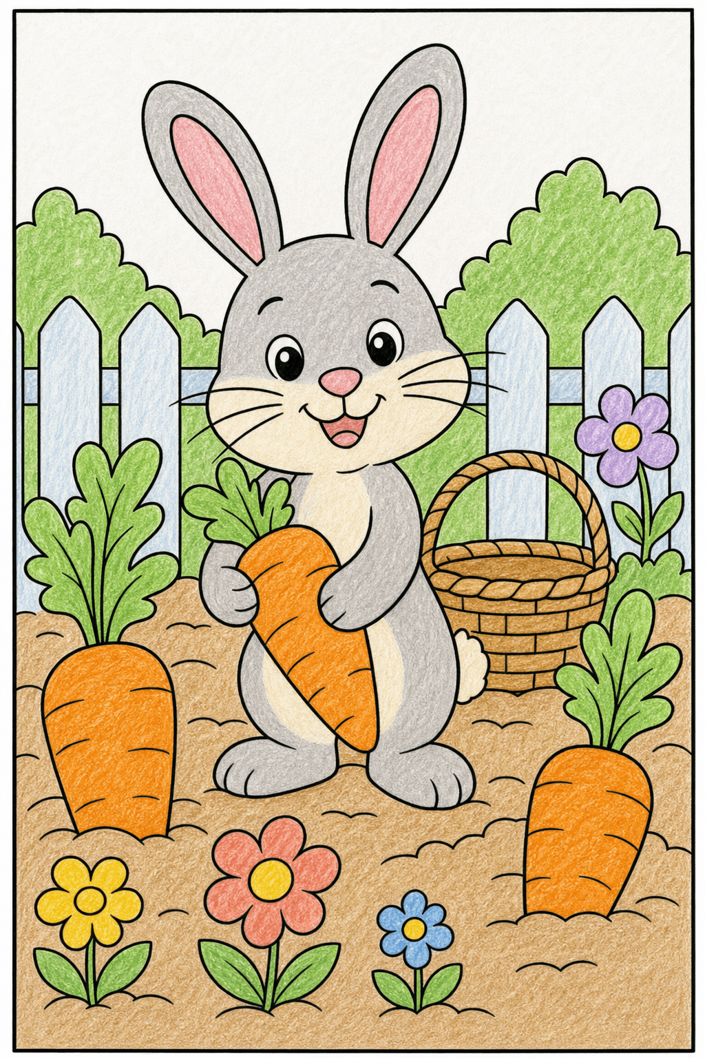 Easter Bunny Holding a Carrot in the Garden crayon colorized preview