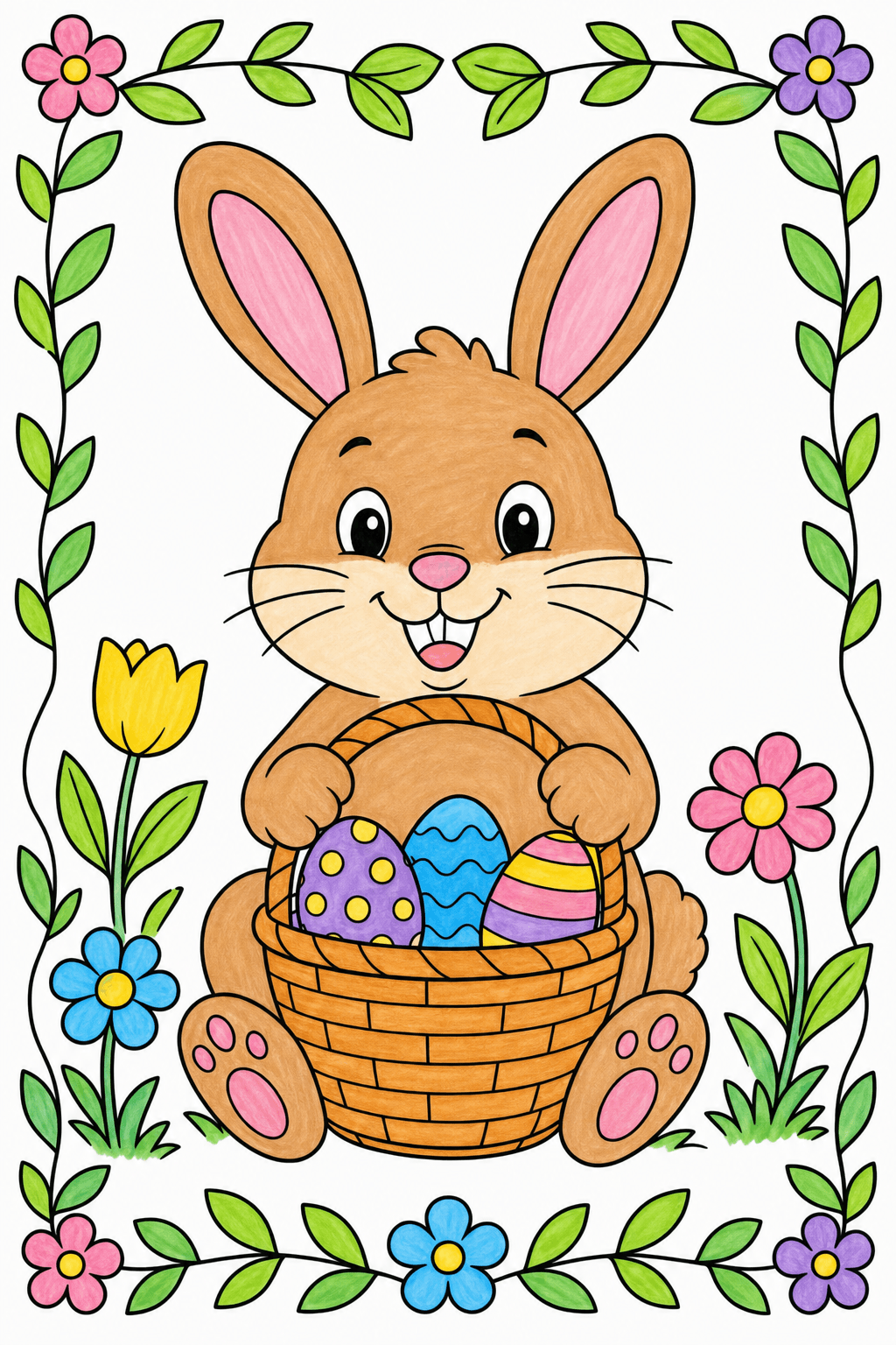 Easter Bunny with a Basket in a Leafy Flower Border marker colorized preview