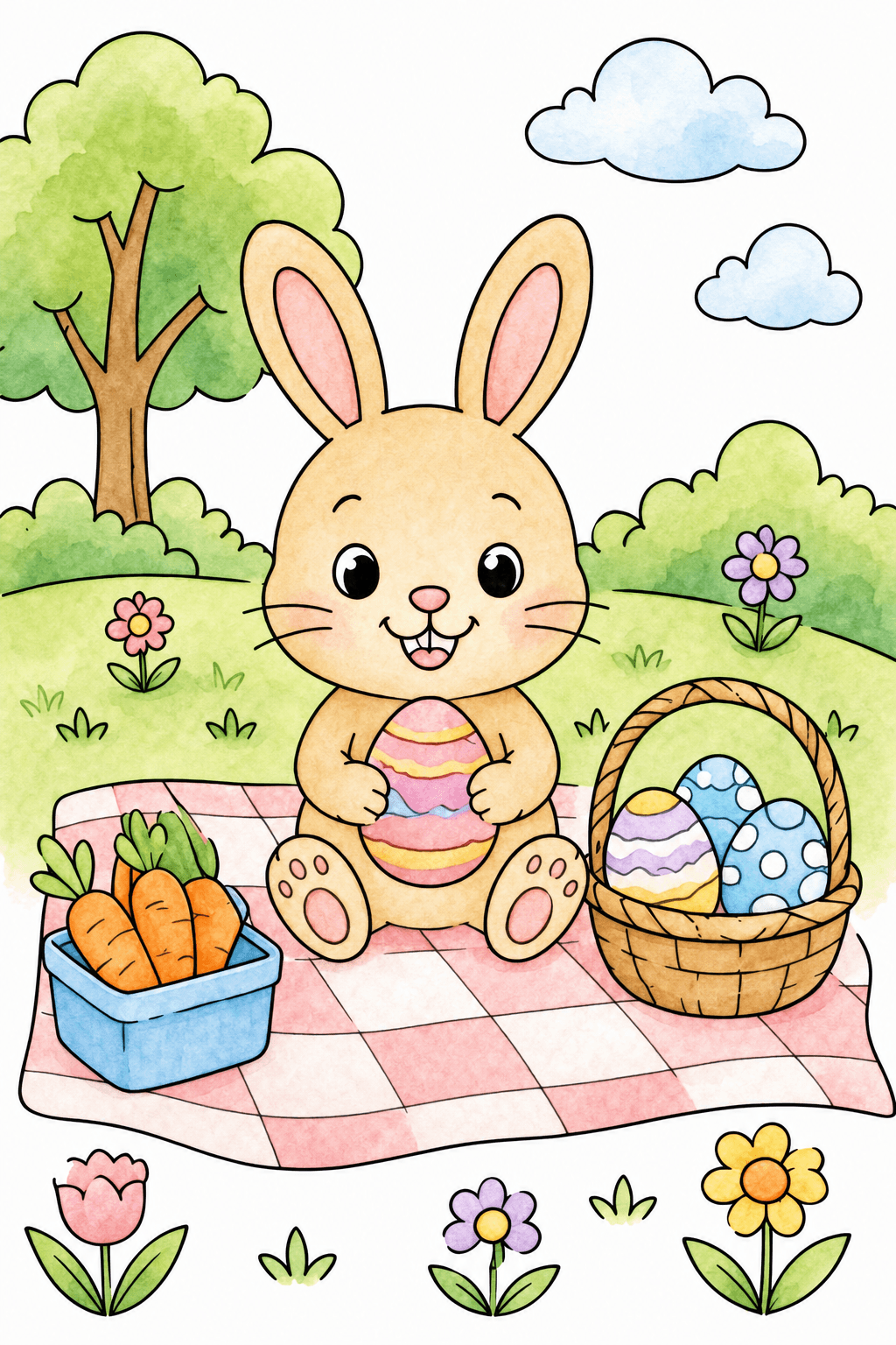 Easter Bunny Picnic on a Blanket watercolor colorized preview