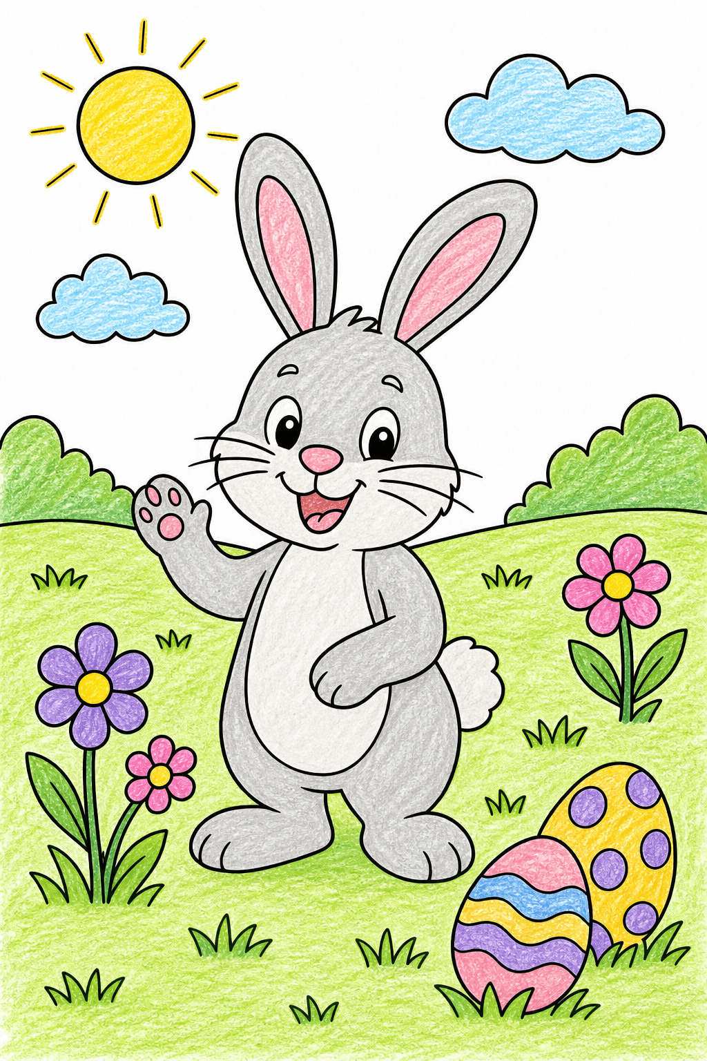 Waving Easter Bunny in a Spring Field crayon colorized preview