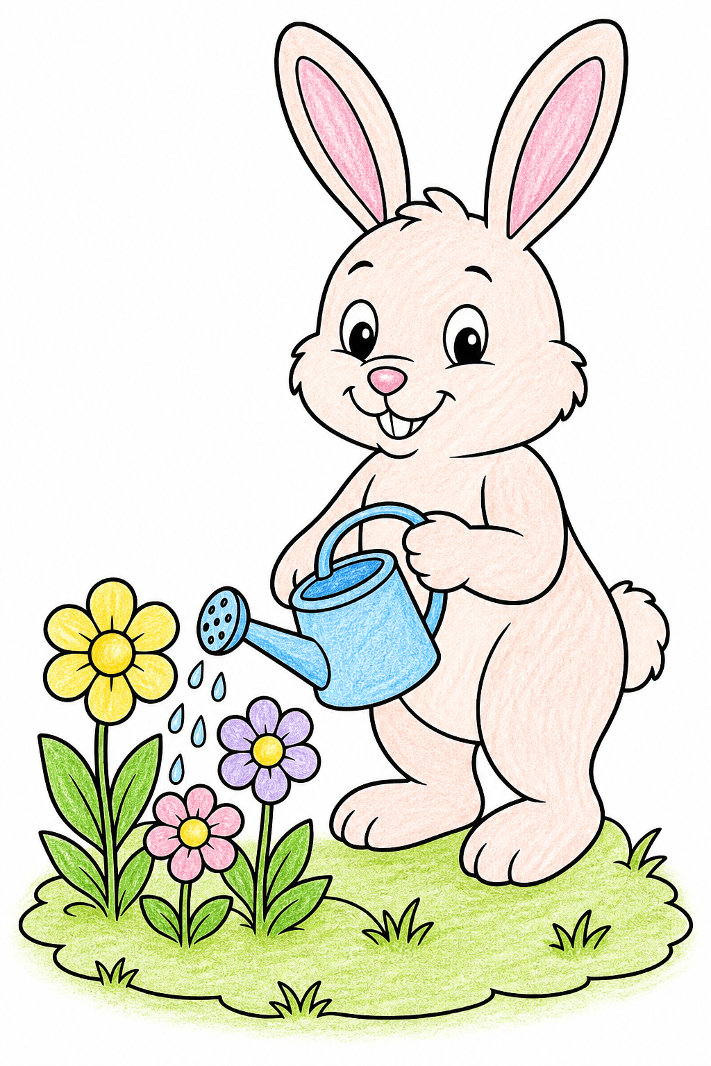Easter Bunny Watering Garden Flowers crayon colorized preview