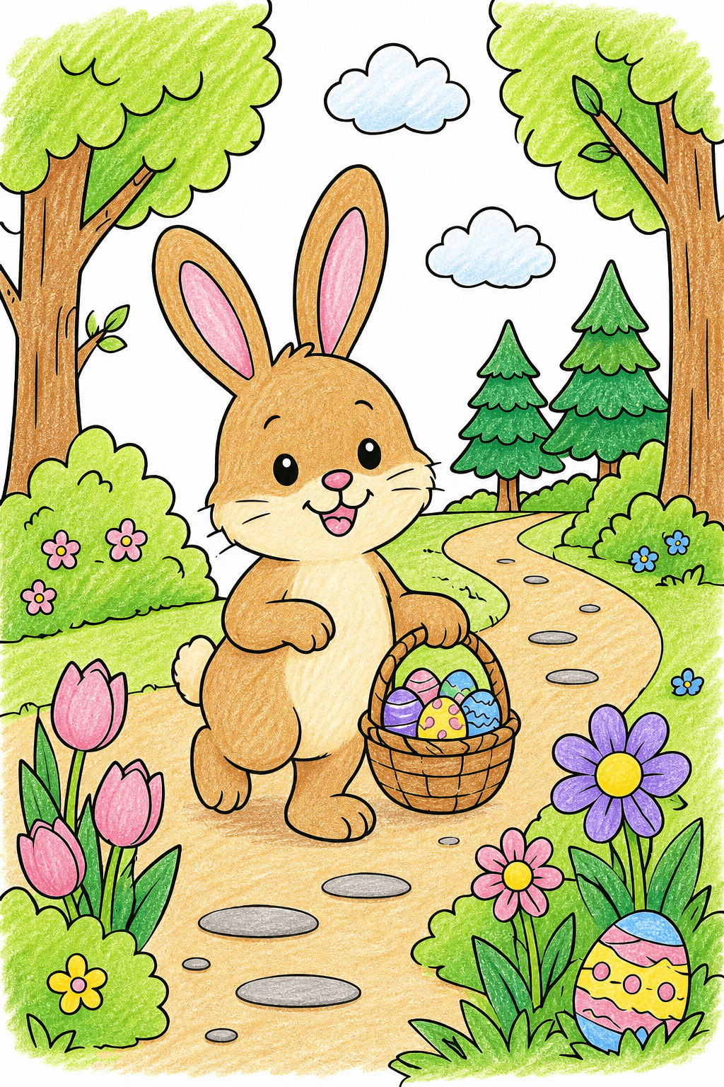 Easter Bunny on a Woodland Path crayon colorized preview