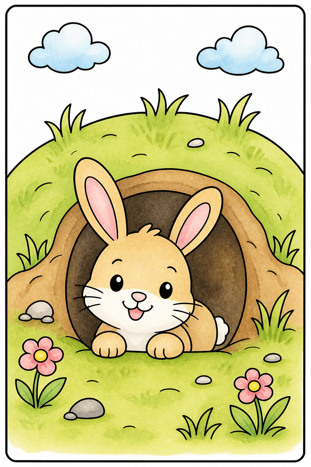 Bunny at a Flower-Lined Burrow watercolor colorized preview