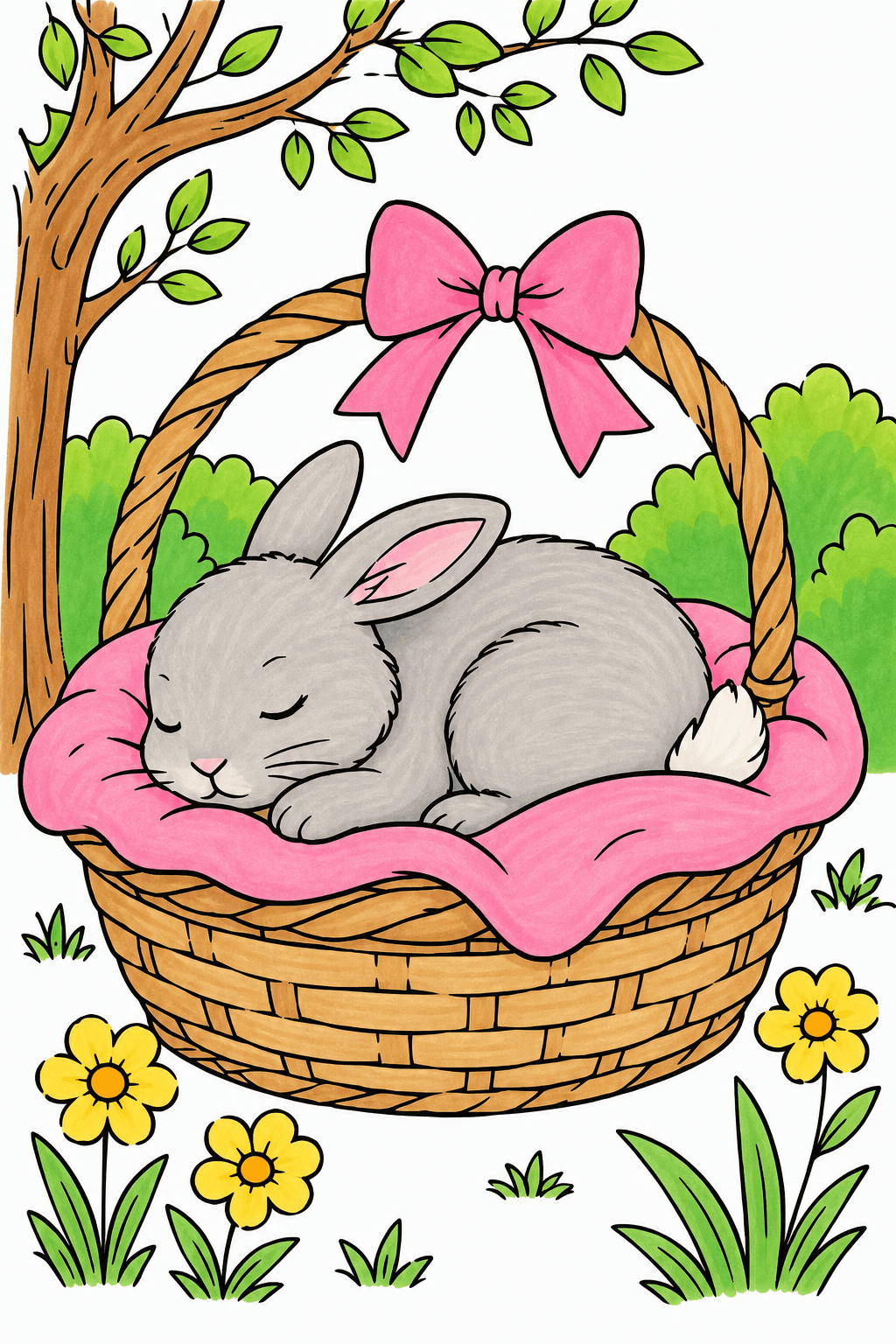 Sleeping Bunny in a Garden Basket marker colorized preview
