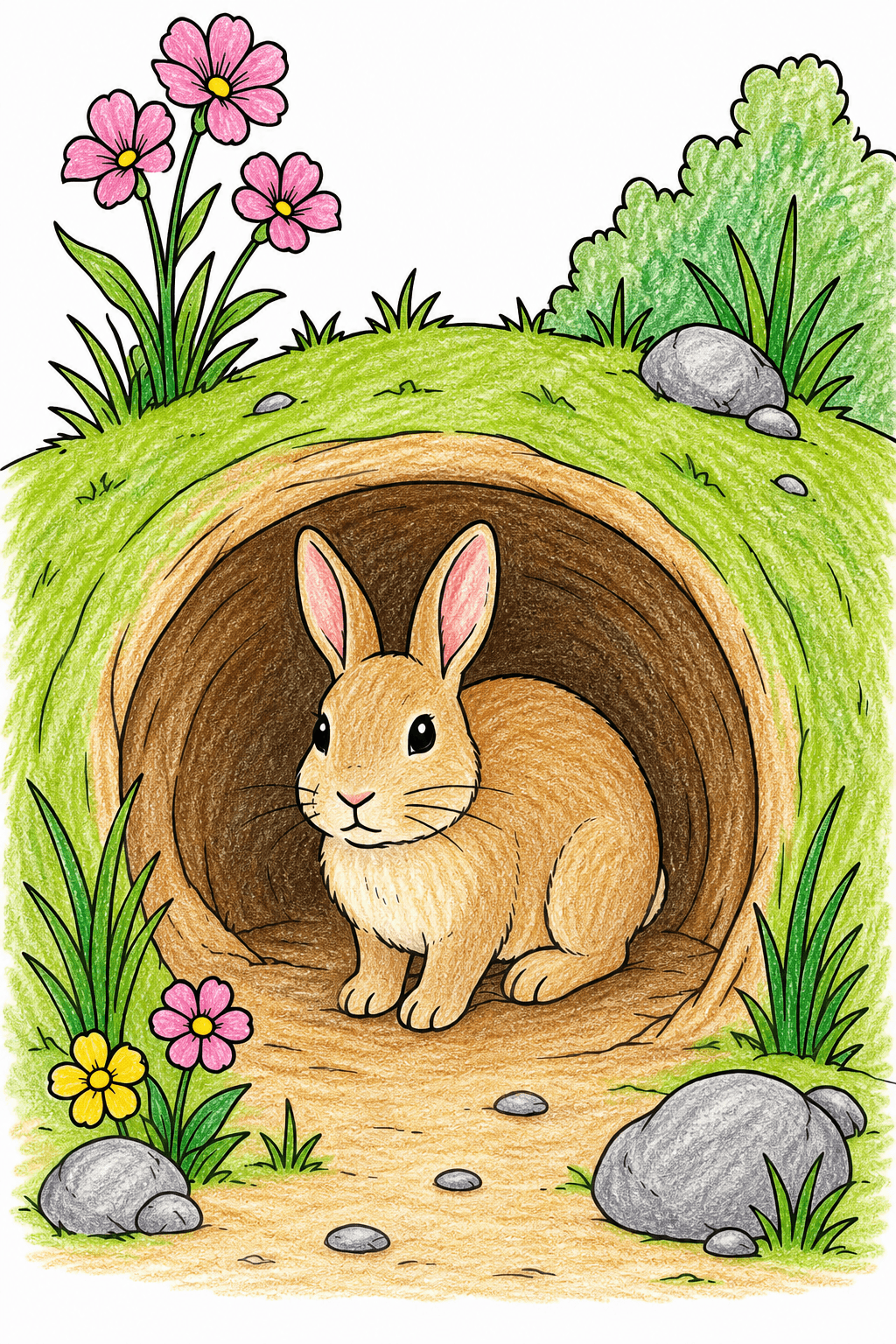 Realistic Bunny at a Burrow Entrance crayon colorized preview