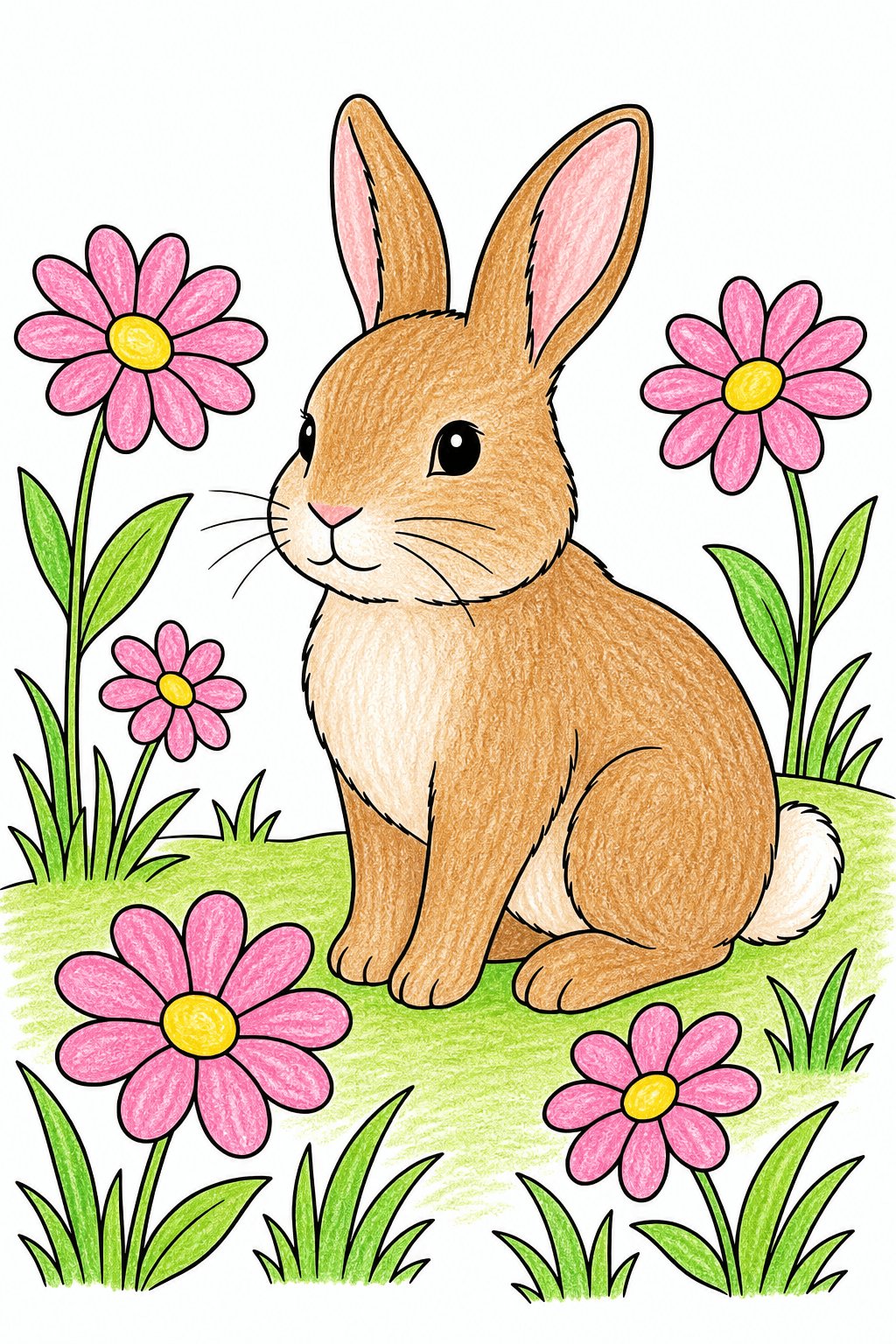 Realistic Bunny in a Flower Meadow crayon colorized preview