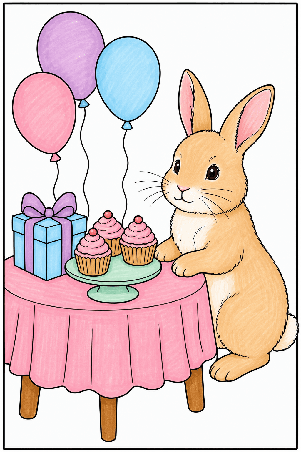 Fluffy Rabbit Beside a Cupcake Table marker colorized preview
