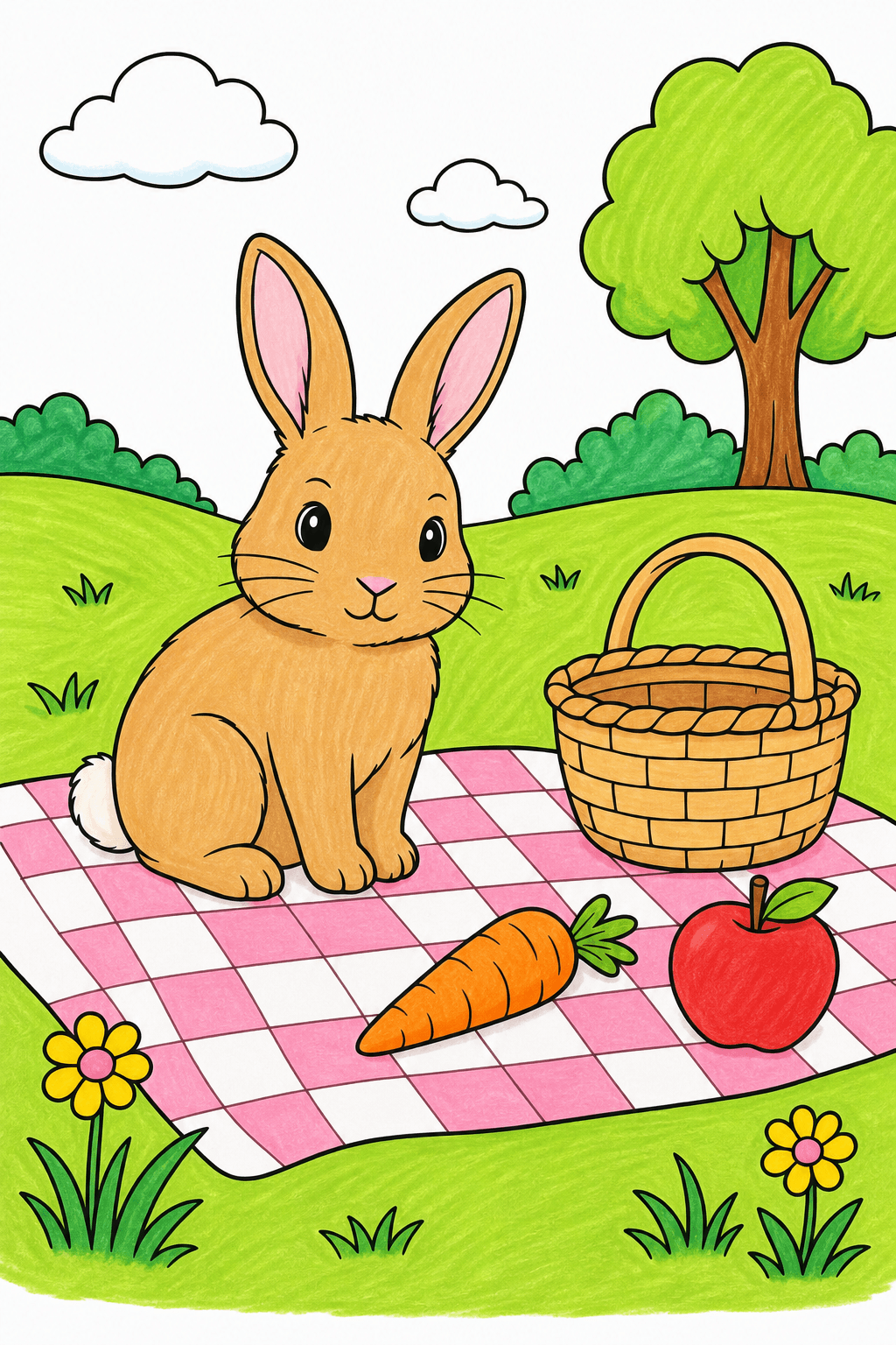 Bunny Picnic on a Checkered Blanket marker colorized preview