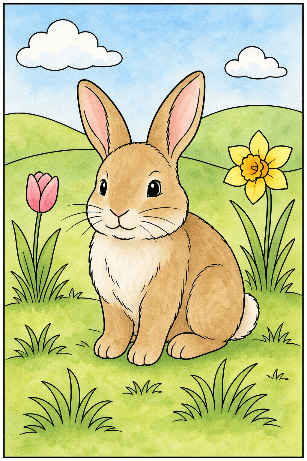 Bunny Between Flowers and Hills watercolor colorized preview