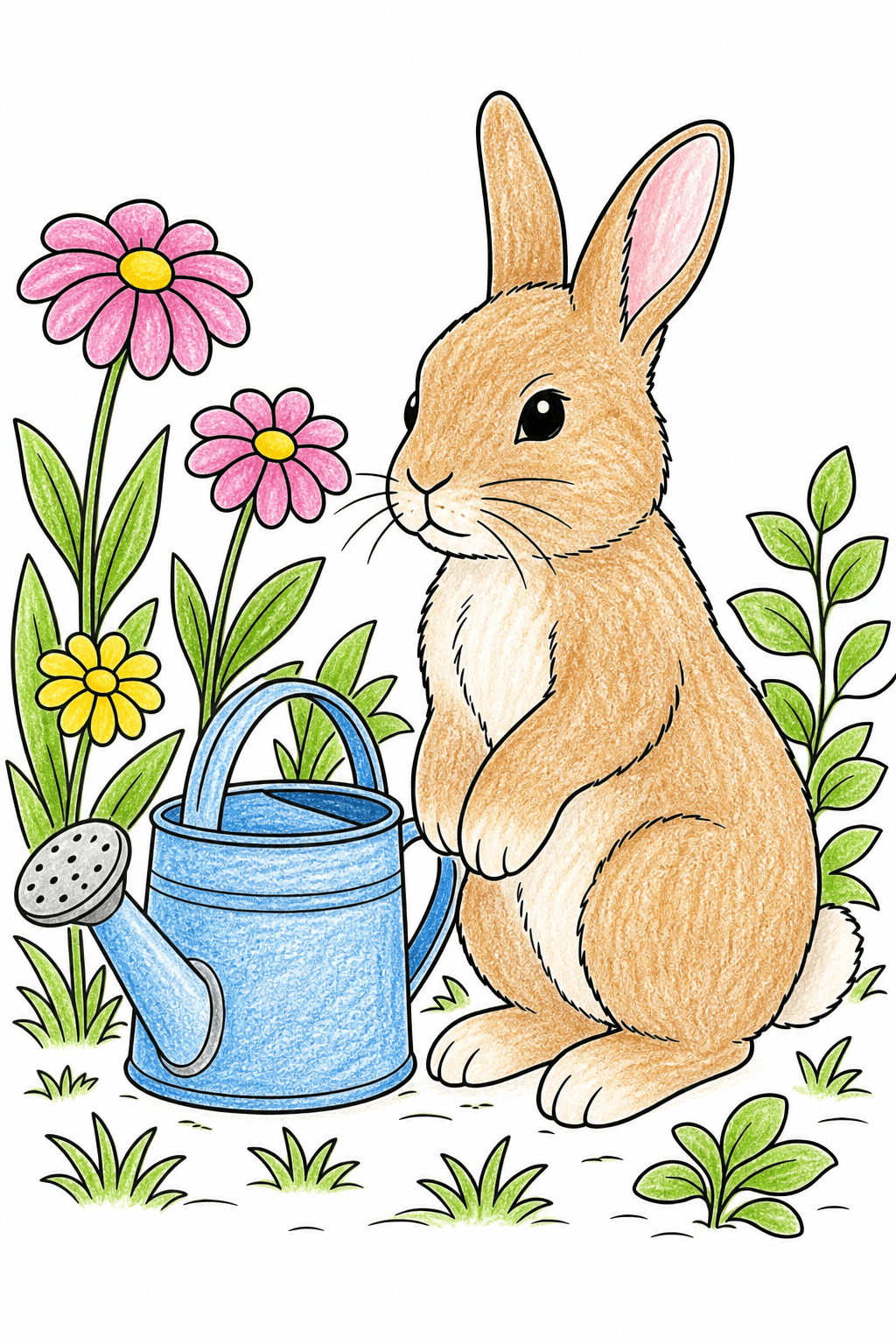 Bunny with a Watering Can in the Garden crayon colorized preview