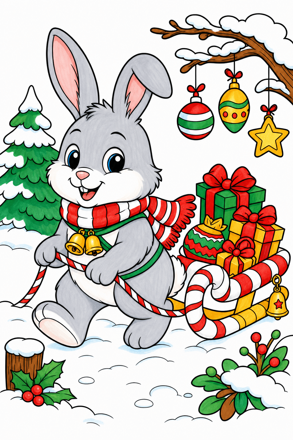 Christmas Animal Bunny Pulling Candy Cane Sled marker colorized preview