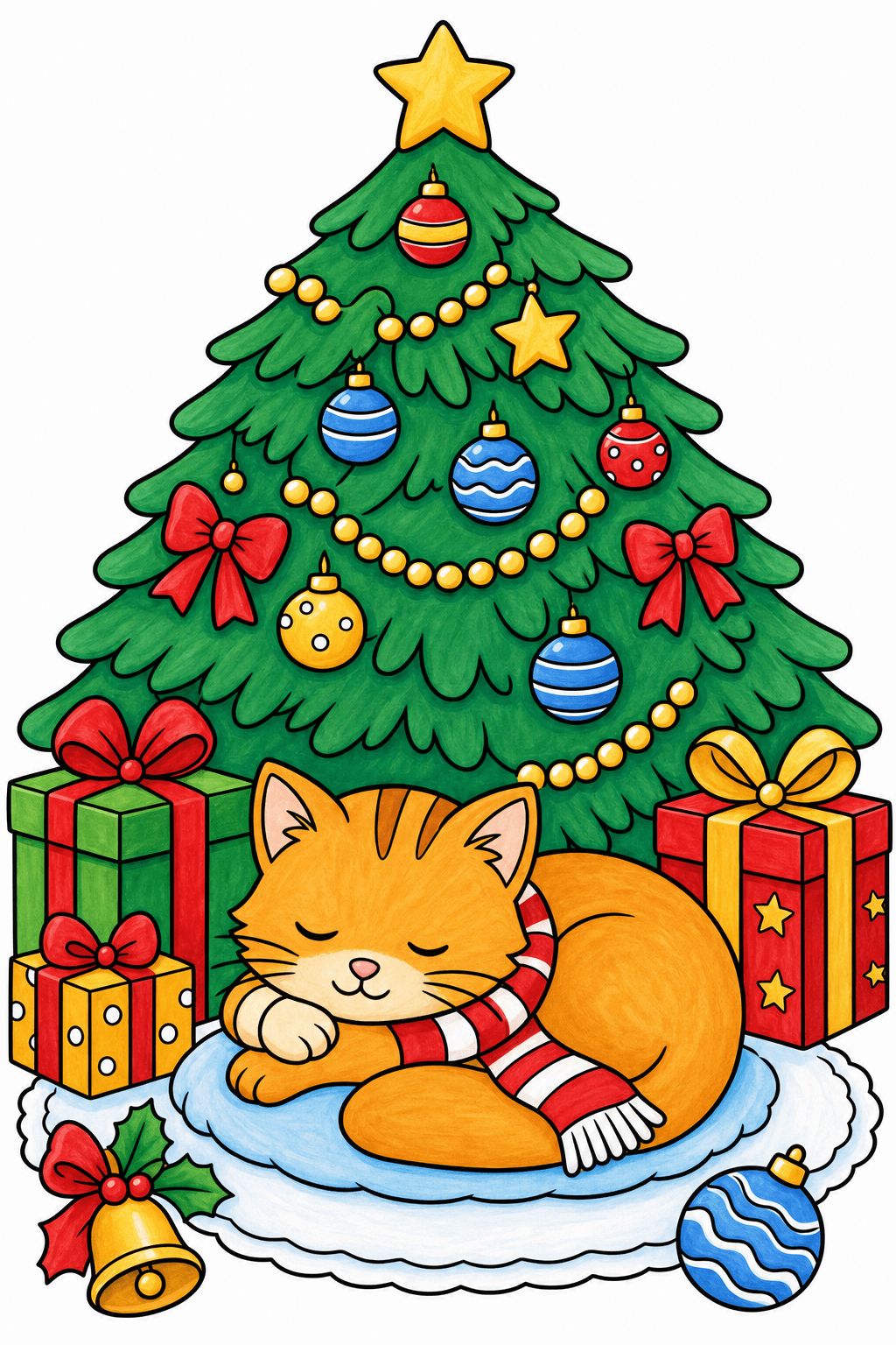 Christmas Animal Cat Napping Under Christmas Tree marker colorized preview