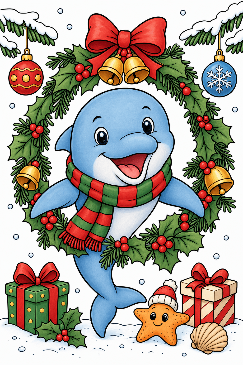 Christmas Animal Dolphin with Holiday Wreath Hoop storybook colorized preview
