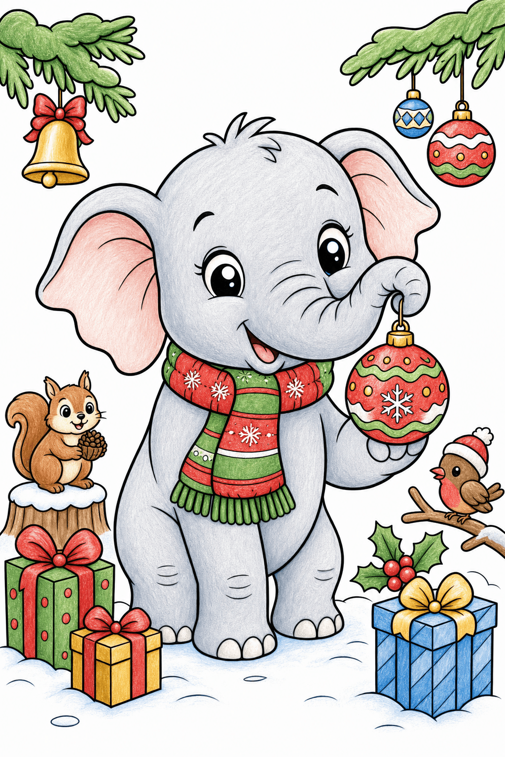 Christmas Animal Elephant Calf Holding Ornament colored-pencil colorized preview