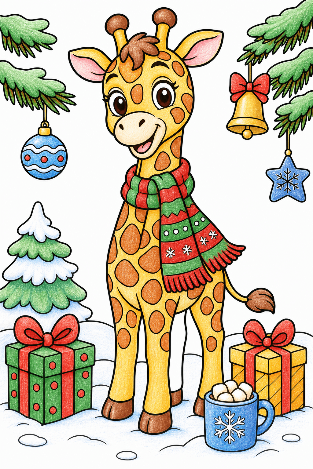 Christmas Animal Giraffe with Christmas Scarf colored-pencil colorized preview
