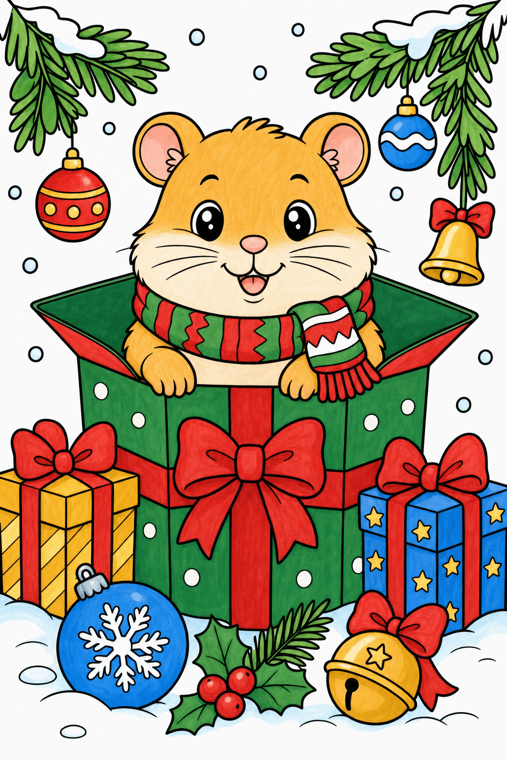 Christmas Animal Hamster Peeking From Present Box marker colorized preview
