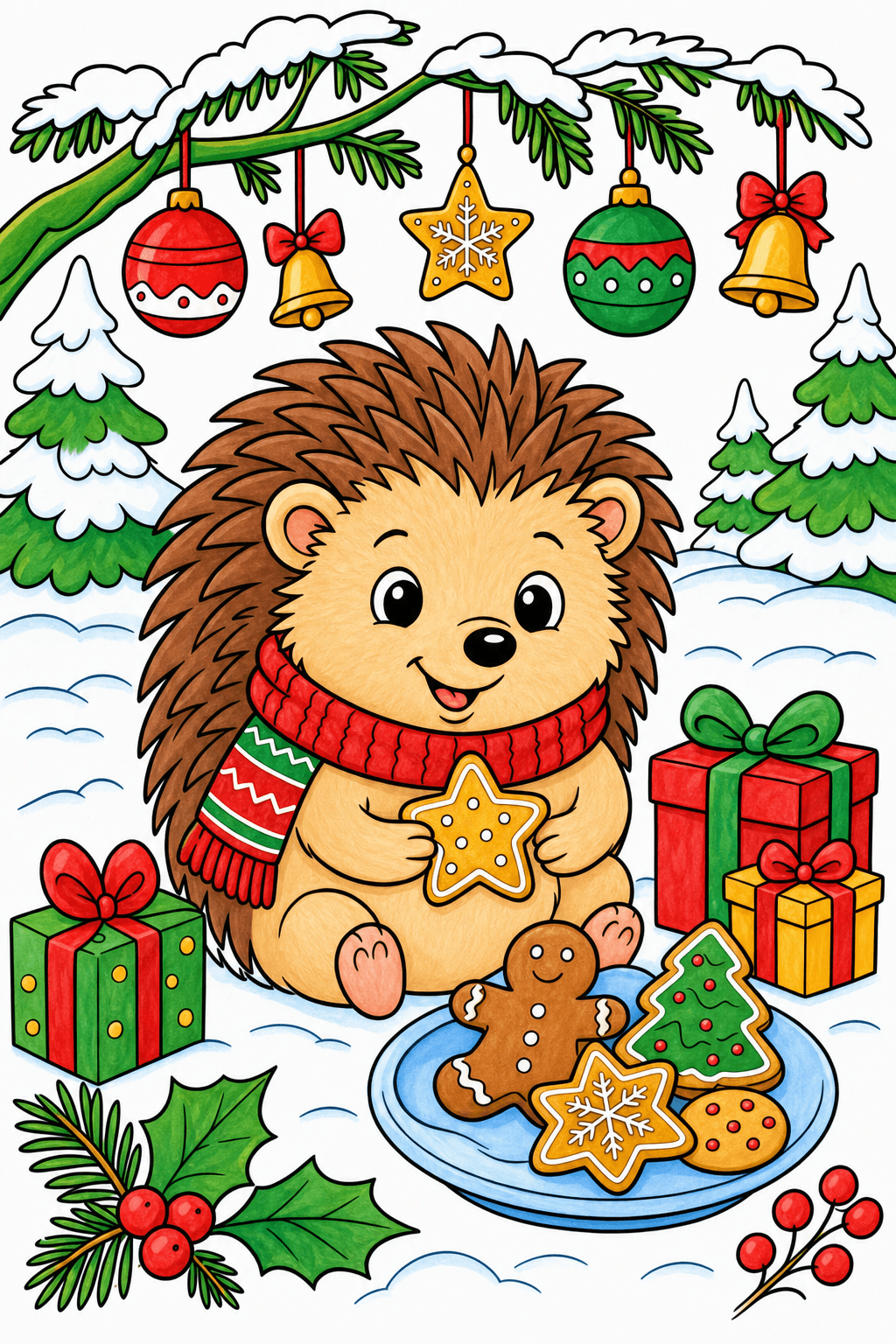 Christmas Animal Hedgehog Beside Christmas Cookies marker colorized preview
