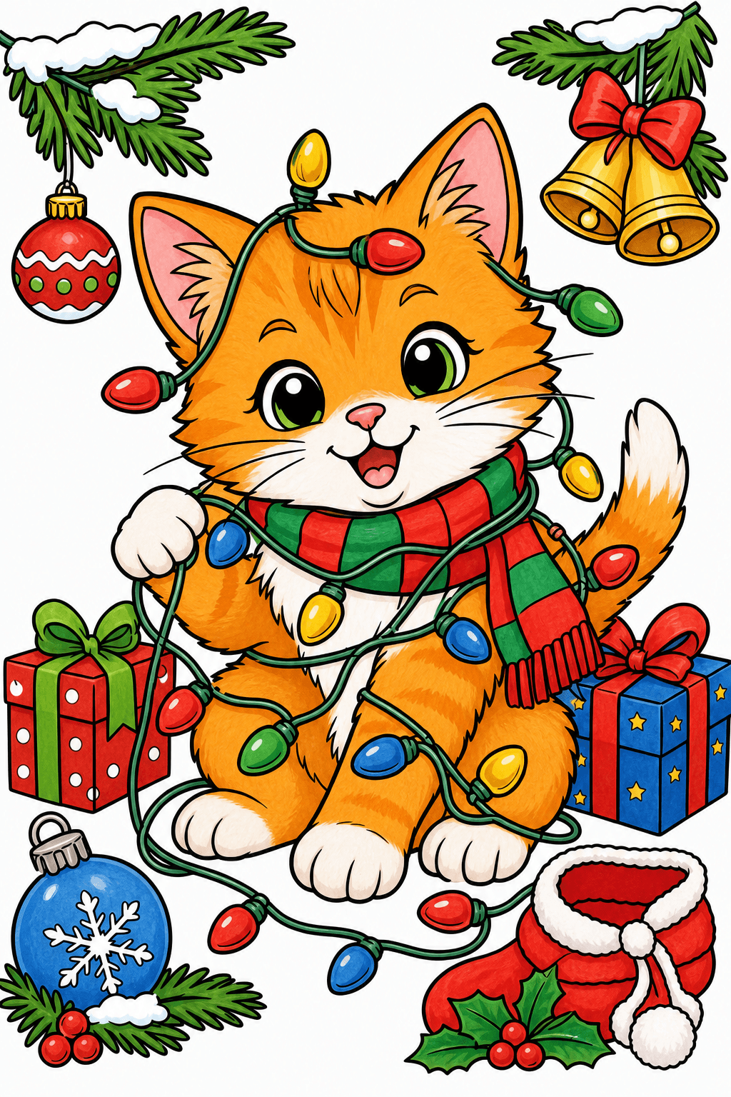 Christmas Animal Kitten Tangled in Christmas Lights marker colorized preview
