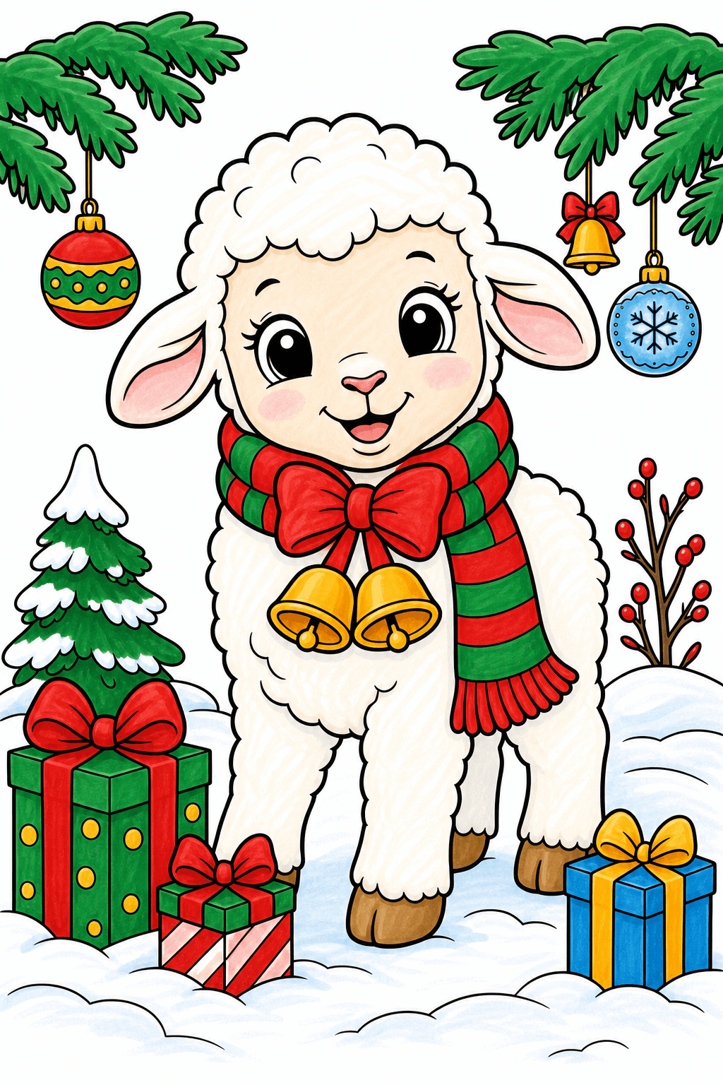 Christmas Animal Lamb with Christmas Bell Bow marker colorized preview
