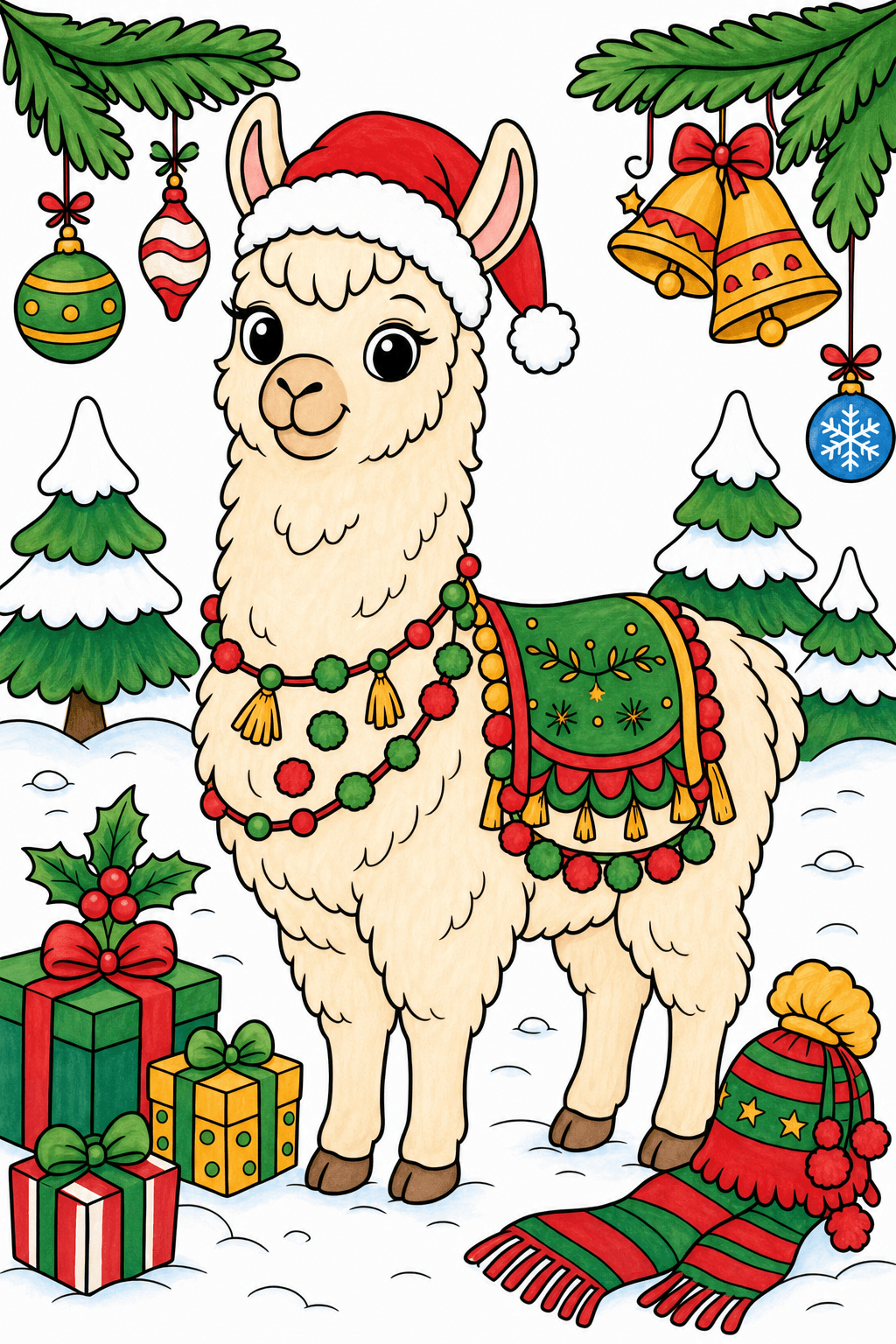 Christmas Animal Llama Wearing Garland Blanket marker colorized preview