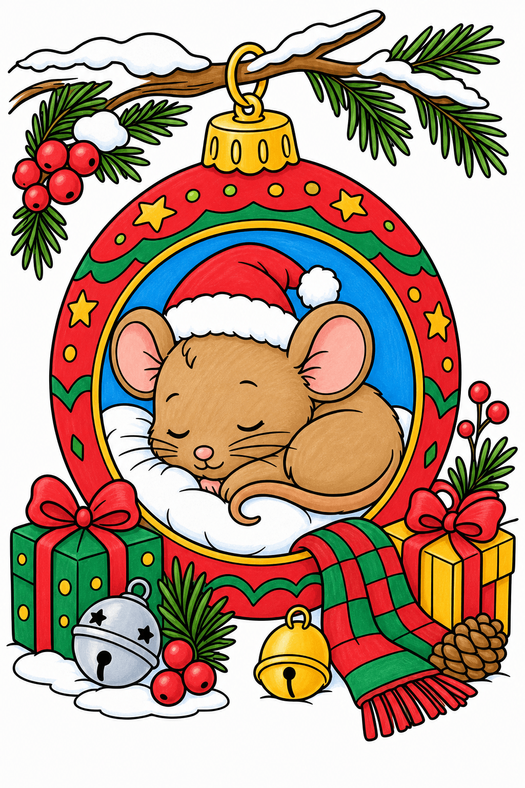 Christmas Animal Mouse Sleeping in Ornament Nest marker colorized preview