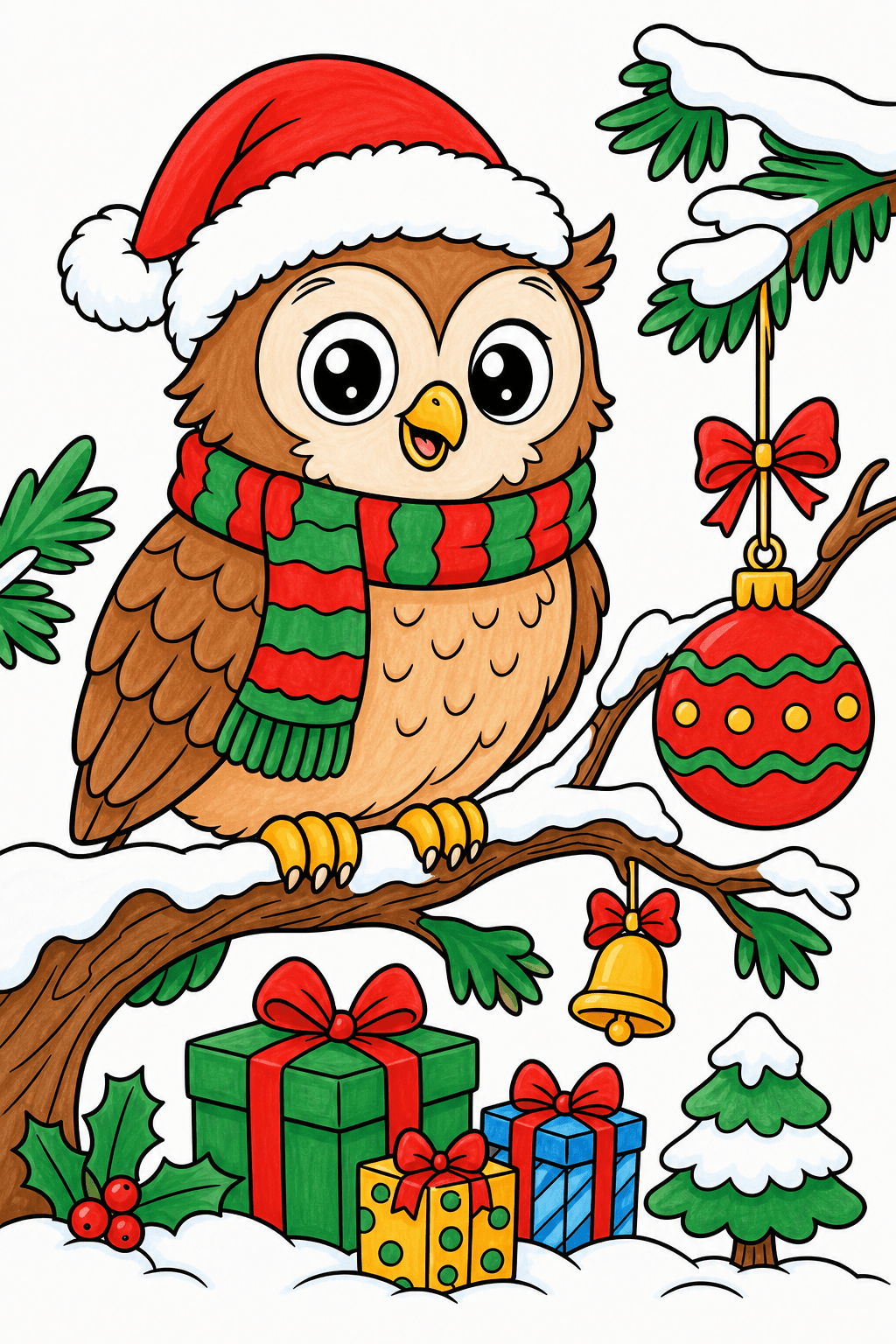 Christmas Animal Owl on Snowy Branch with Ornament marker colorized preview
