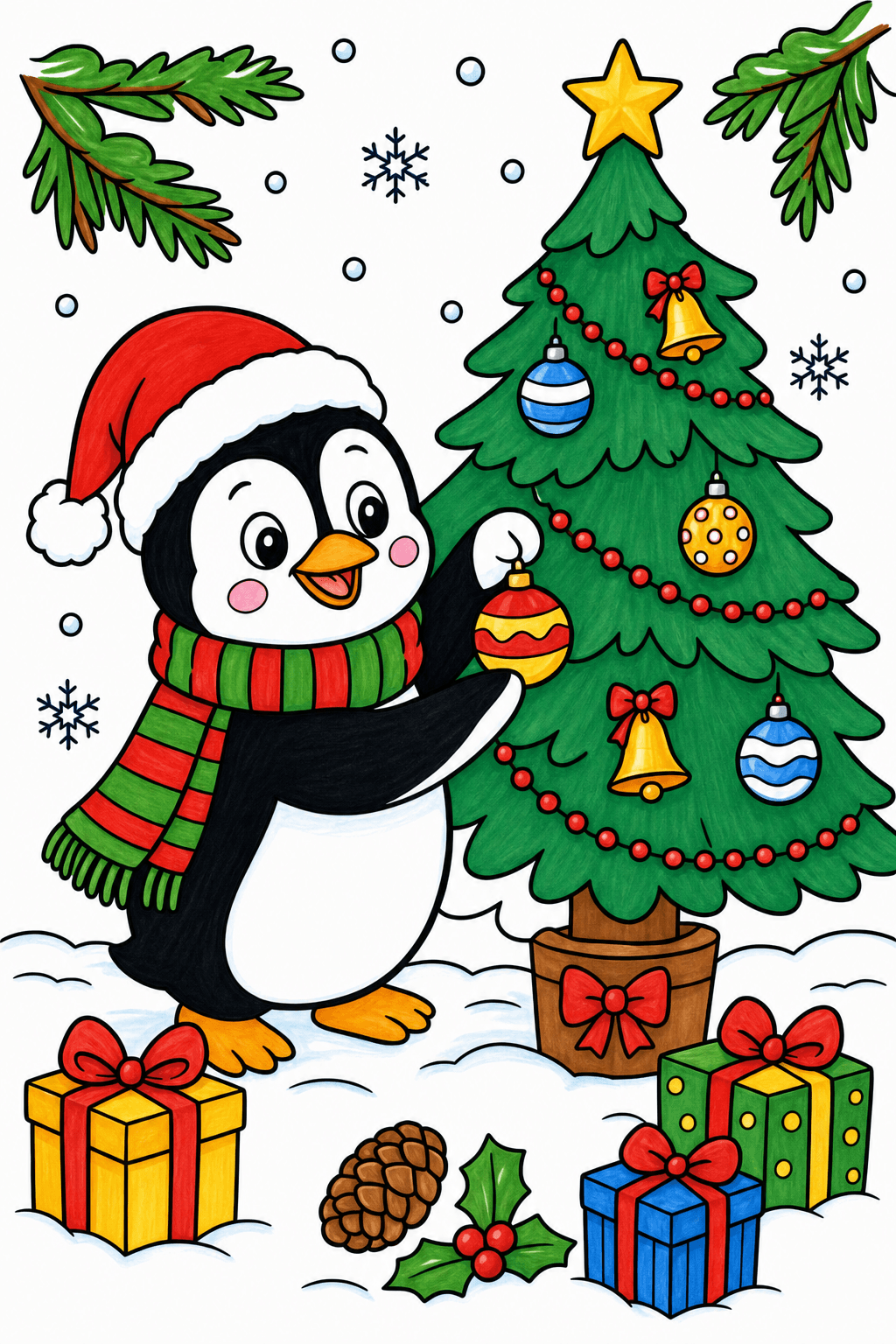 Christmas Animal Penguin Decorating Christmas Tree marker colorized preview