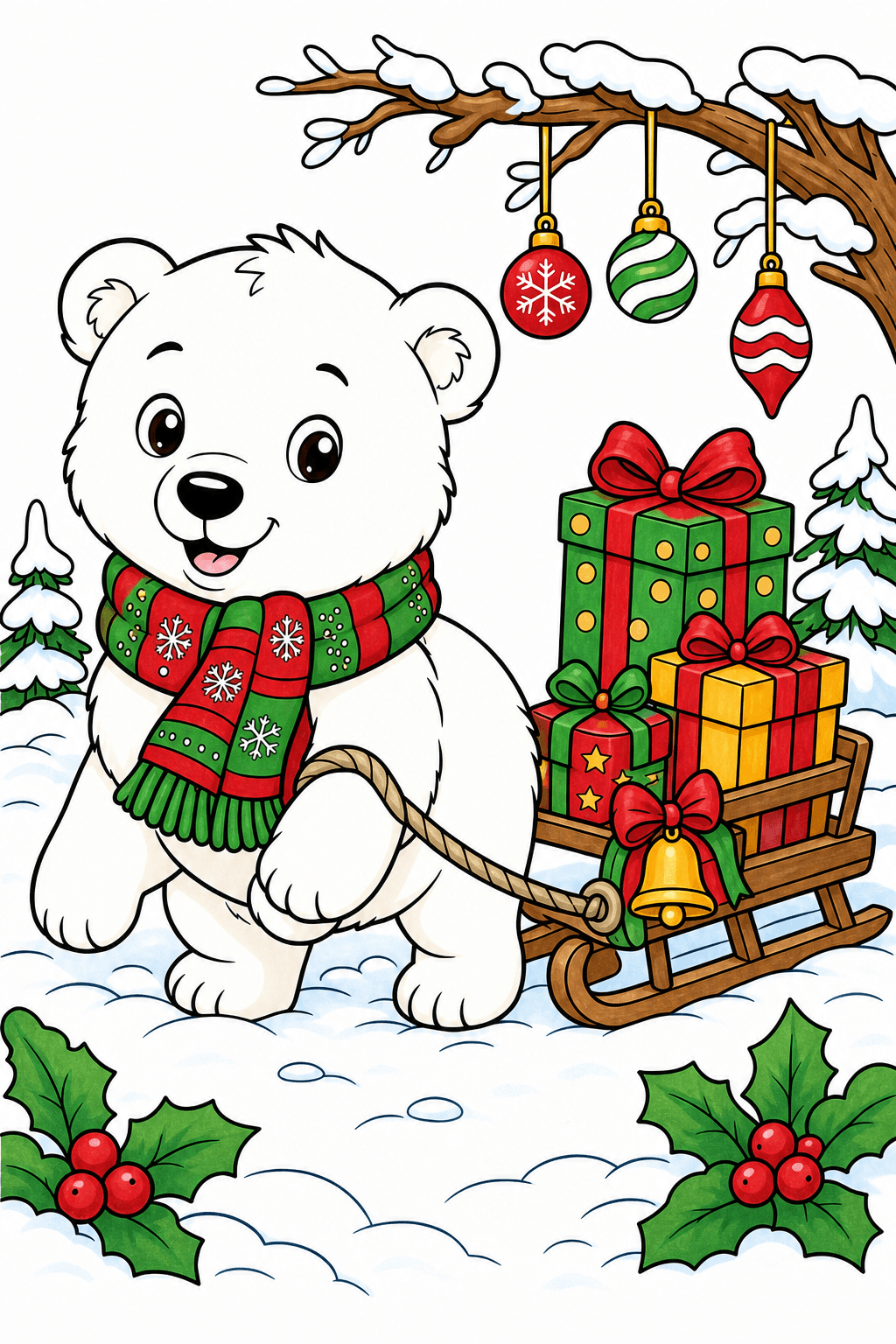 Christmas Animal Polar Bear Cub with Gift Sled marker colorized preview