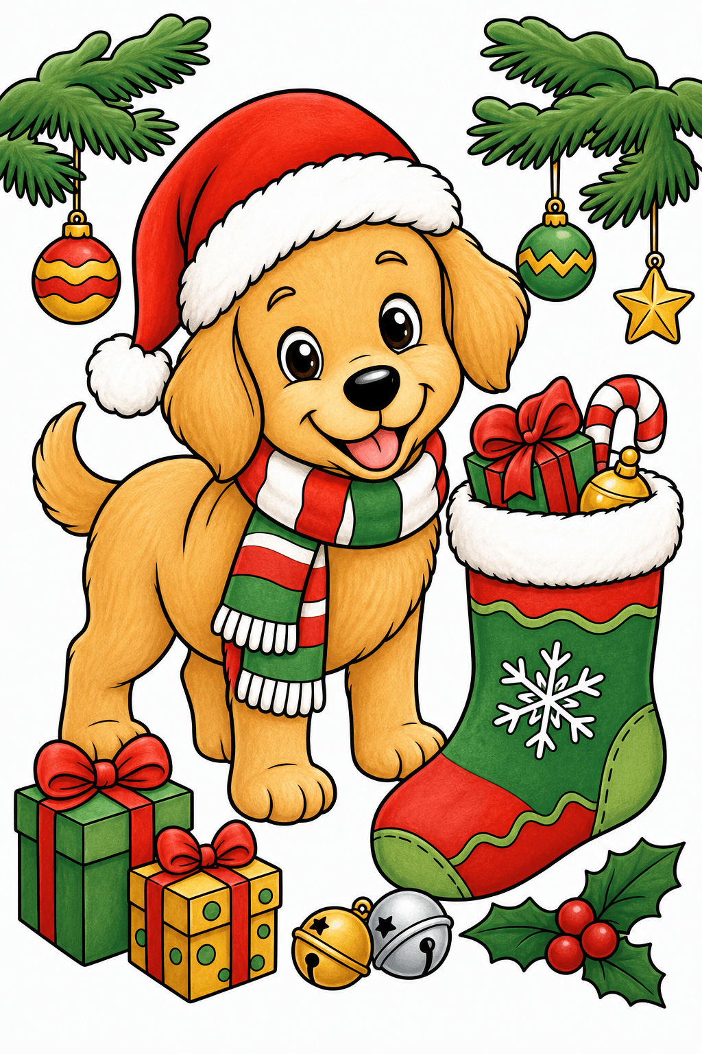 Christmas Animal Puppy in Santa Hat by Stocking storybook colorized preview